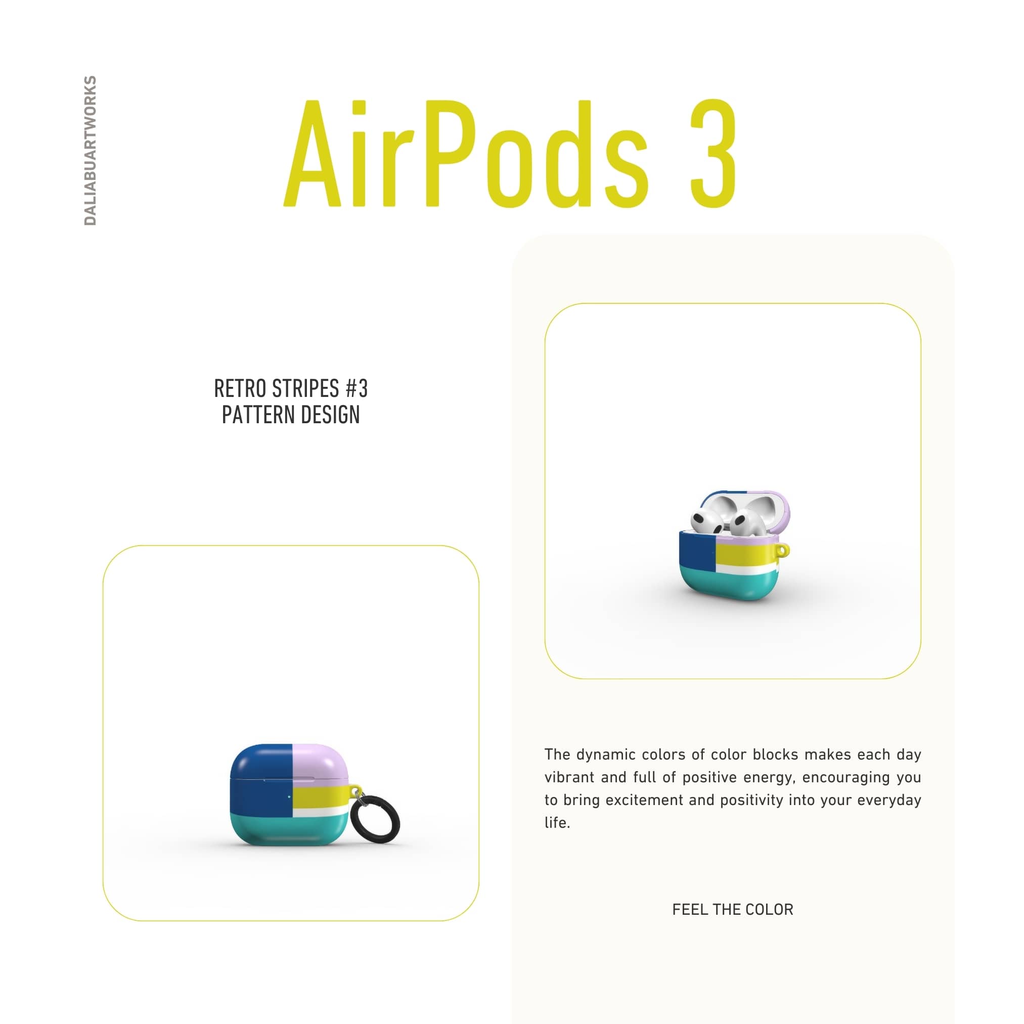 AirPods 3 tough shell case Retro Stripes Teal pattern design with a bold color blocks in vintage, mid century modern style, featuring an elegant and expressive aesthetic design. Main colors are navy blue, teal green, lilac and yellow. Front view.