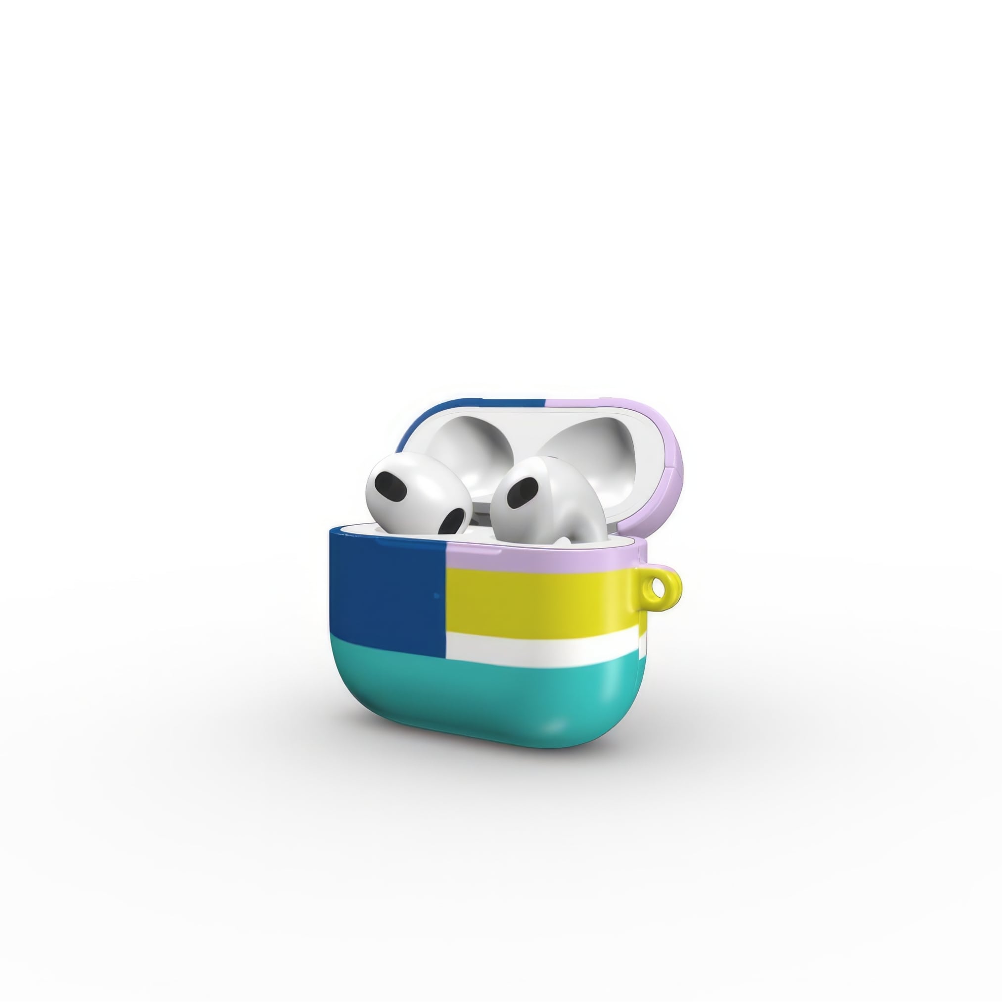 AirPods 3 tough shell case Retro Stripes Teal pattern design with a bold color blocks in vintage, mid century modern style, featuring an elegant and expressive aesthetic design. Main colors are navy blue, teal green, lilac and yellow. Open side view.