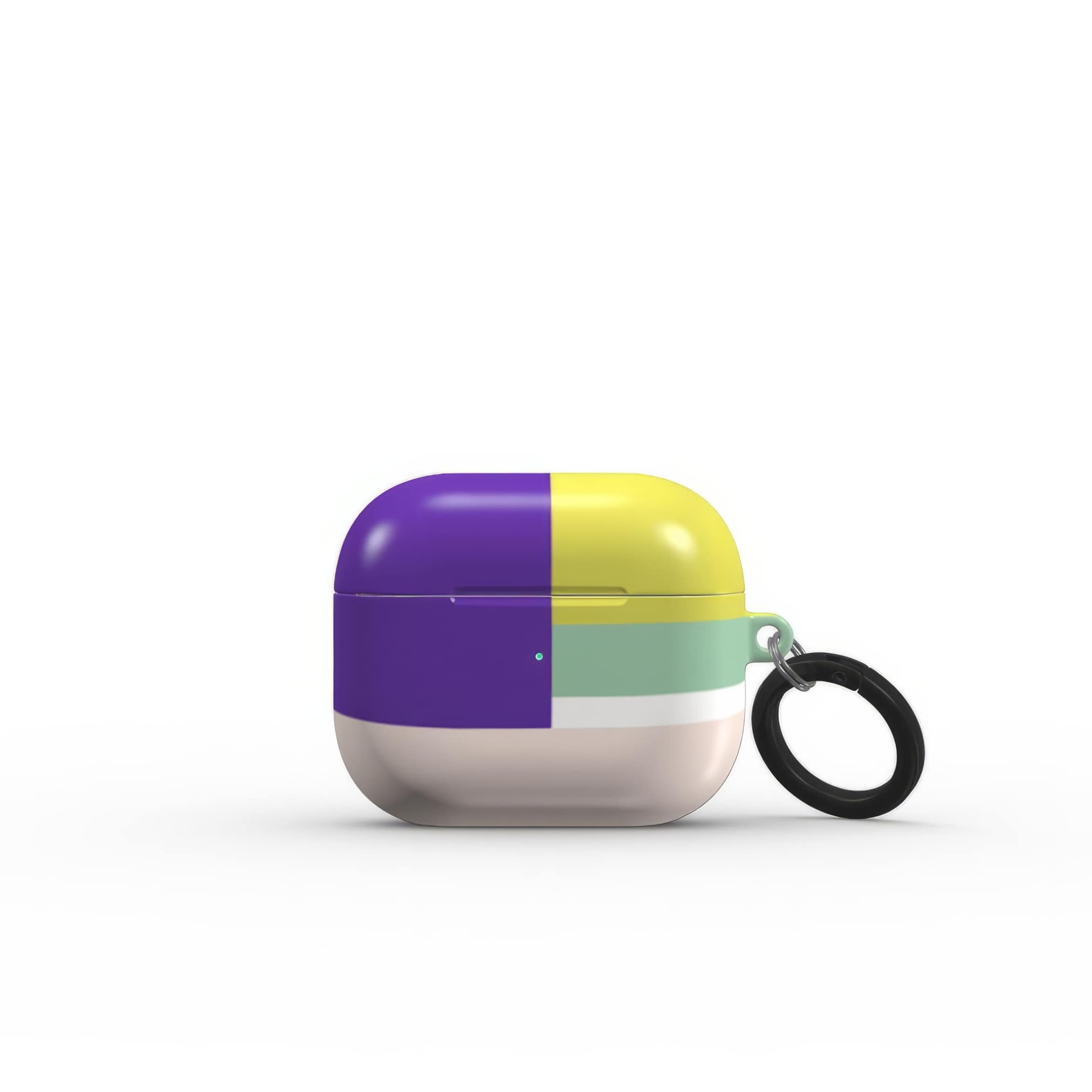 AirPods 3 tough case Retro Stripes Yellow pattern design with a bold color blocks in vintage, mid century modern style, featuring an elegant and expressive aesthetic design. Main colors are mustard yellow, purple and light pink. Front view.