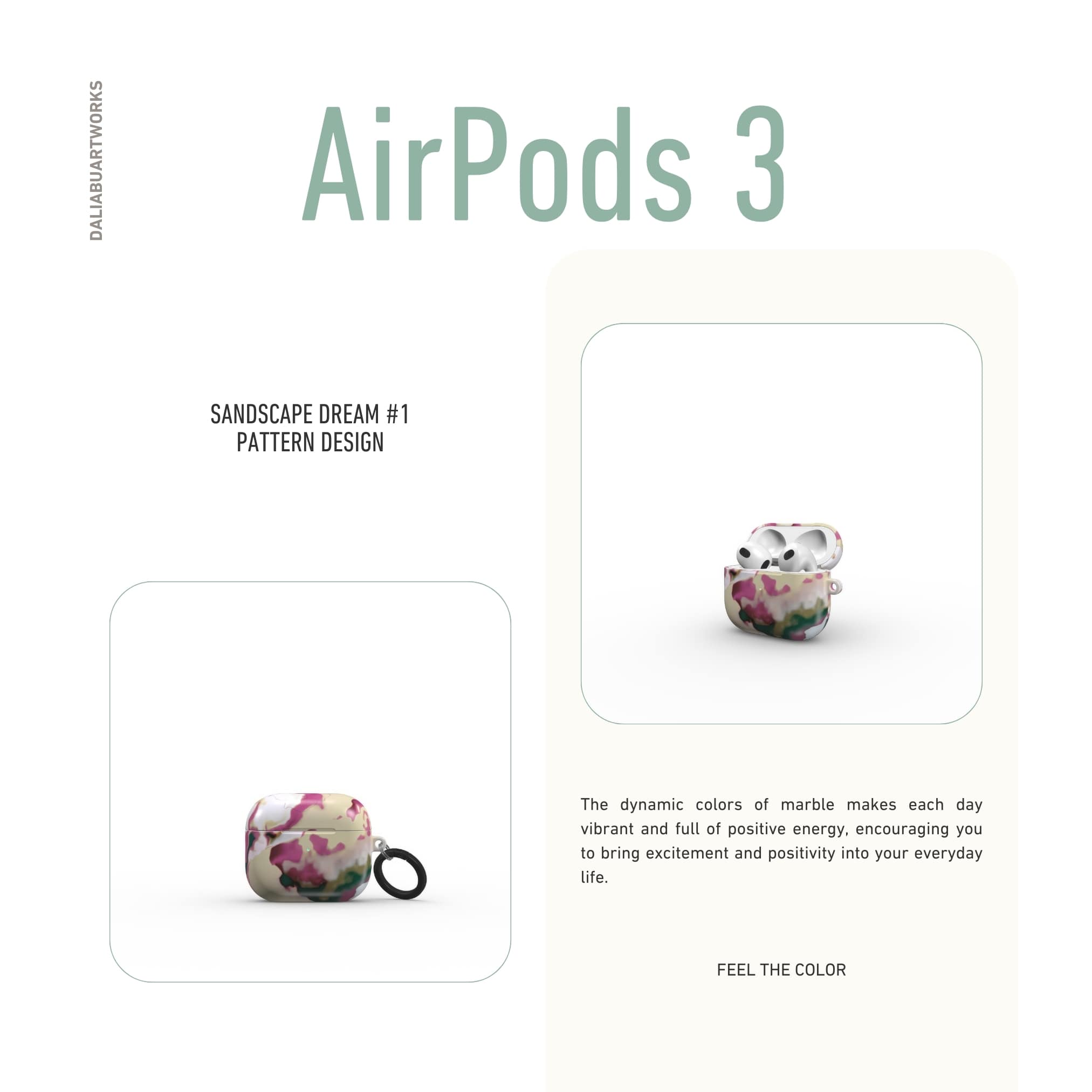 AirPods 3 tough case front view; Sandscape Dream pattern, artistic, abstract marble pattern. Beige and purple color combination. 