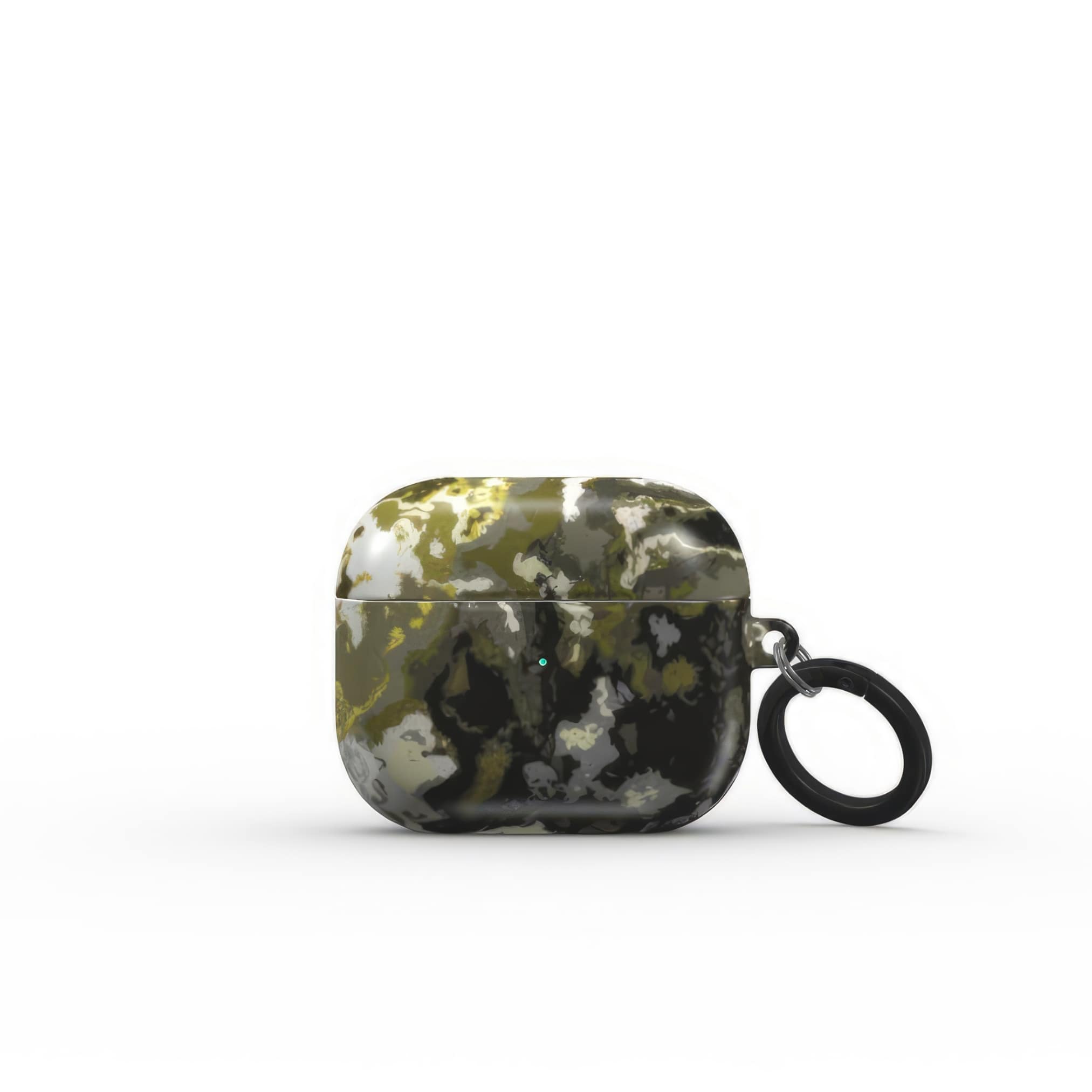 AirPods 3 tough case front view; Spring Rain 1 pattern, artistic, abstract marble pattern. Yellow, black and grey color combination. Bold expressive aesthetic design. Colorful and interior fit. Elegant.