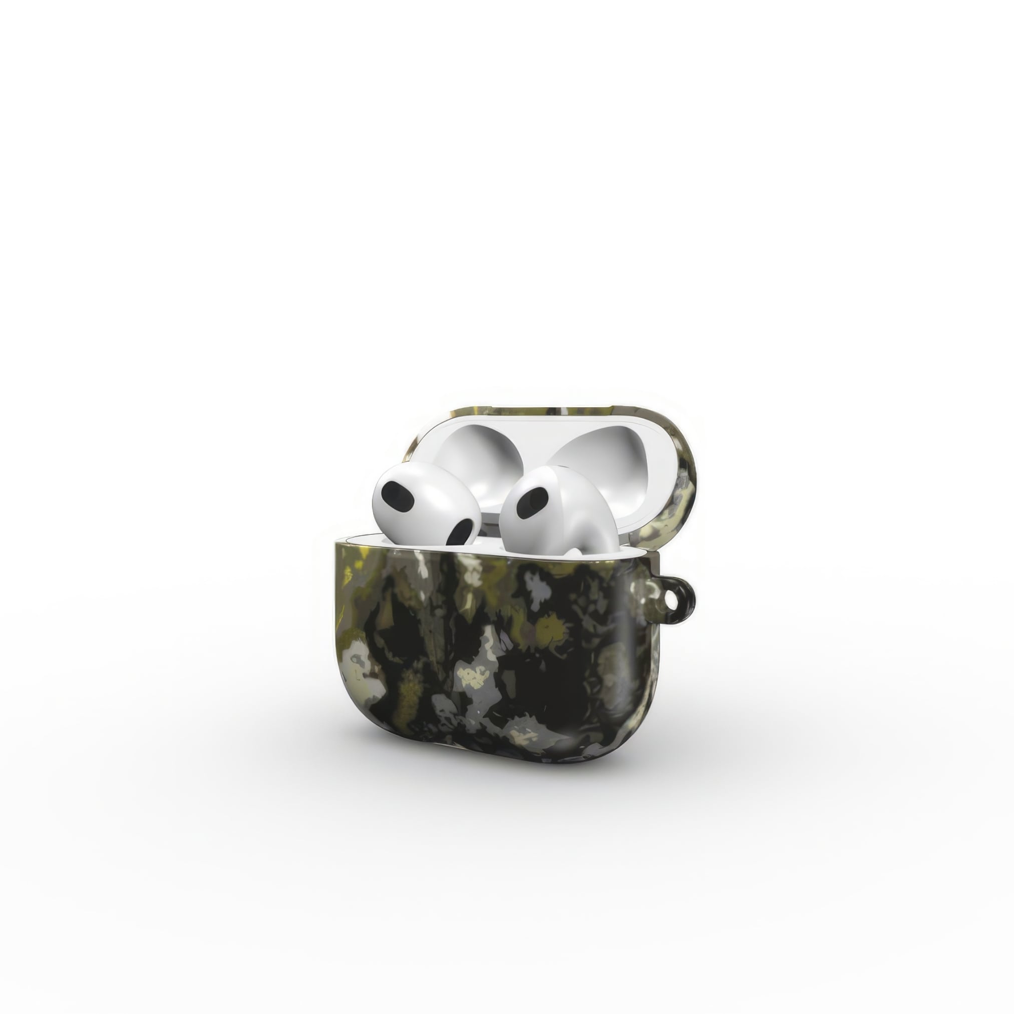 AirPods 3 tough case side open view; Spring Rain 1 pattern, artistic, abstract marble pattern. Yellow, black and grey color combination.
