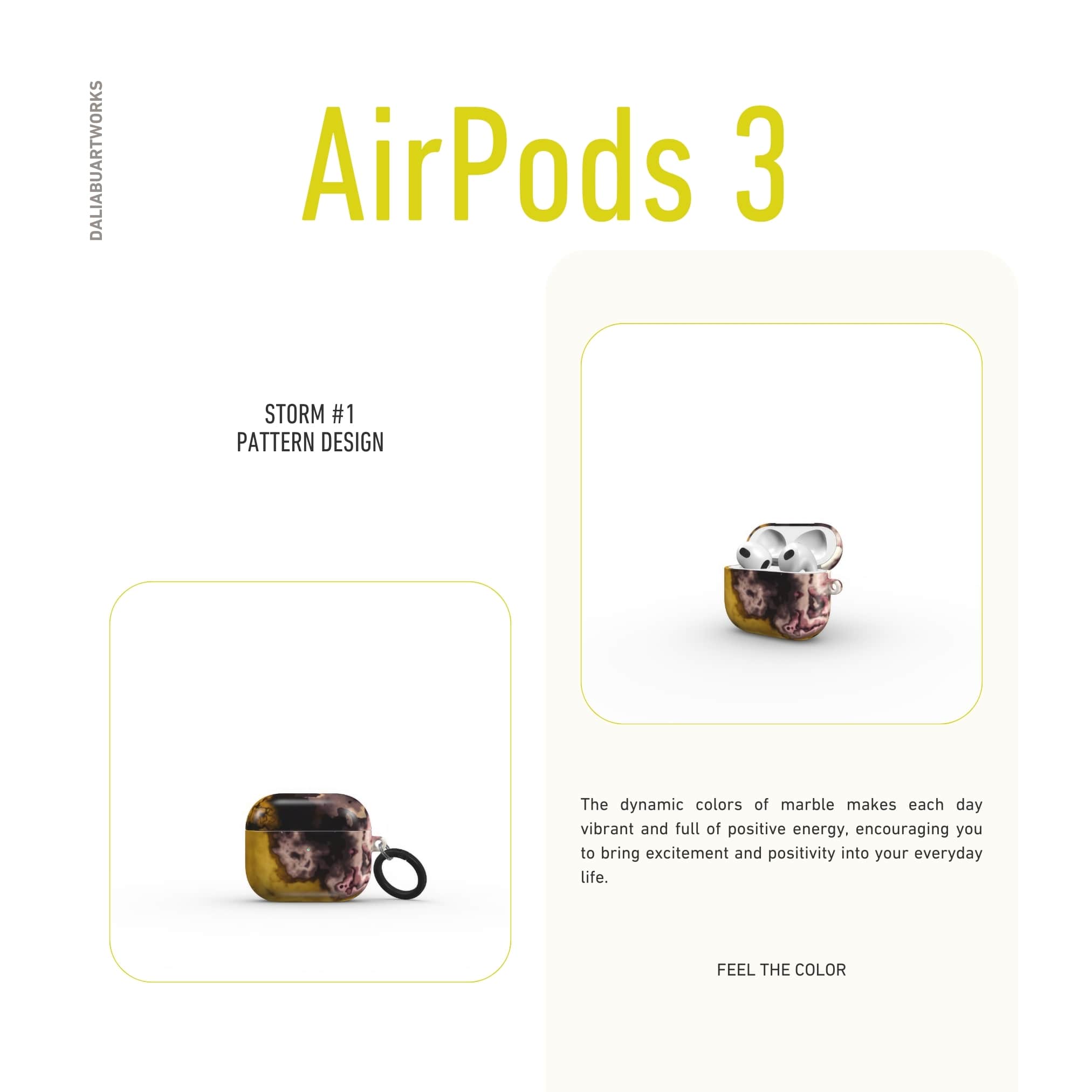 AirPods 3 tough case front view; storm 1 pattern, artistic, abstract marble pattern. Yellow and beige color combination. 