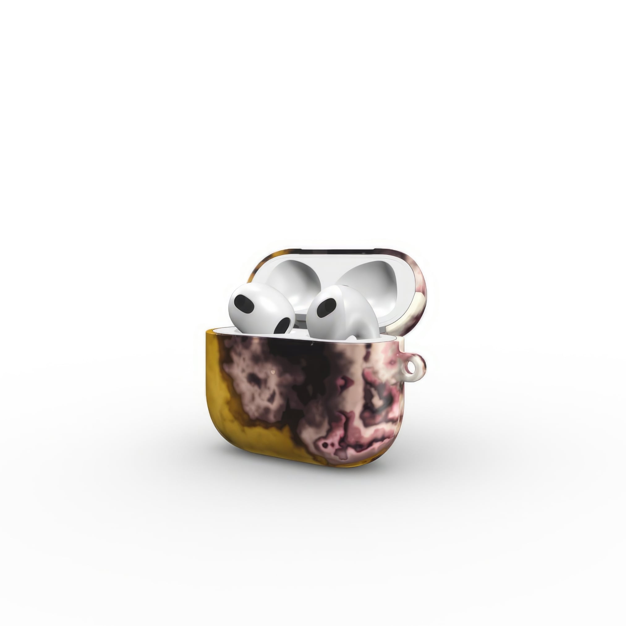 AirPods 3 tough case side open view; storm 1 pattern, artistic, abstract marble pattern. Yellow and beige color combination. 