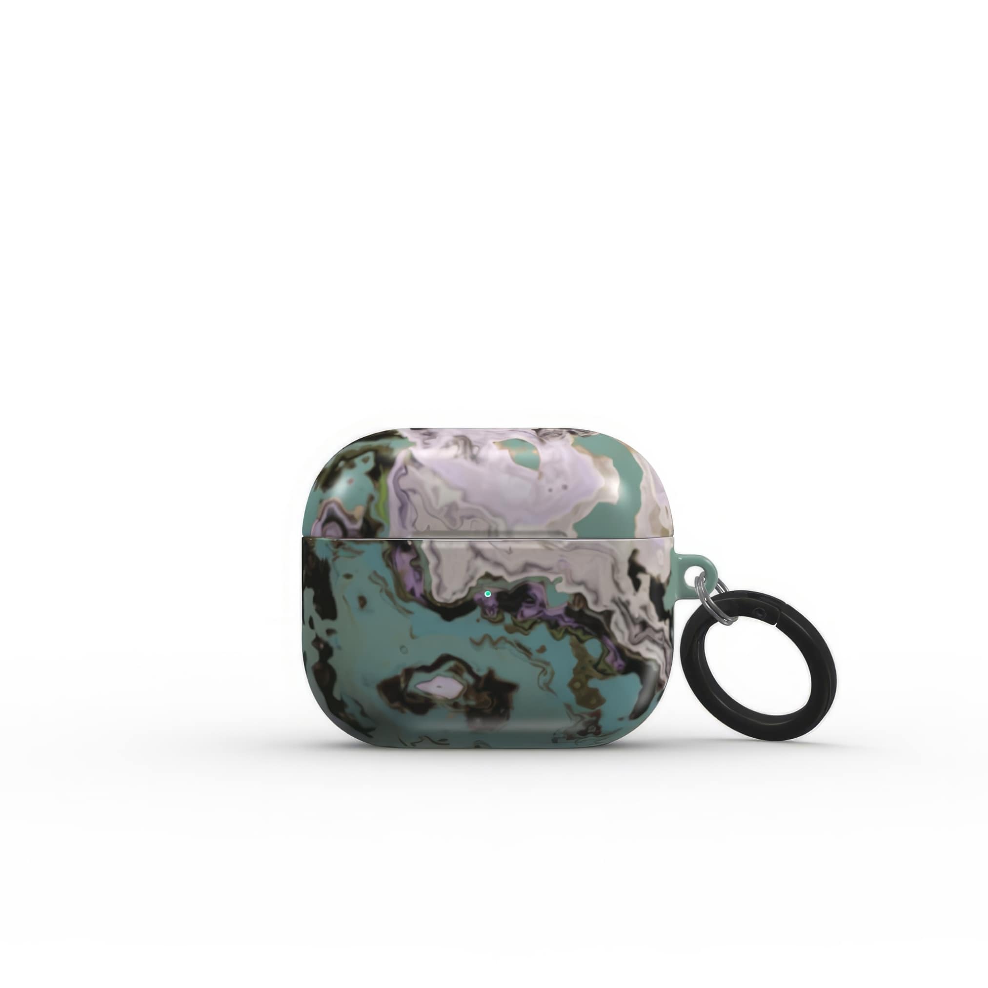 Apple AirPods 3 tough case with a bold vivid pattern in marble abstract and artistic style, featuring an elegant and expressive aesthetic design. Main colors are teal blue and light lilac. Front closed view.