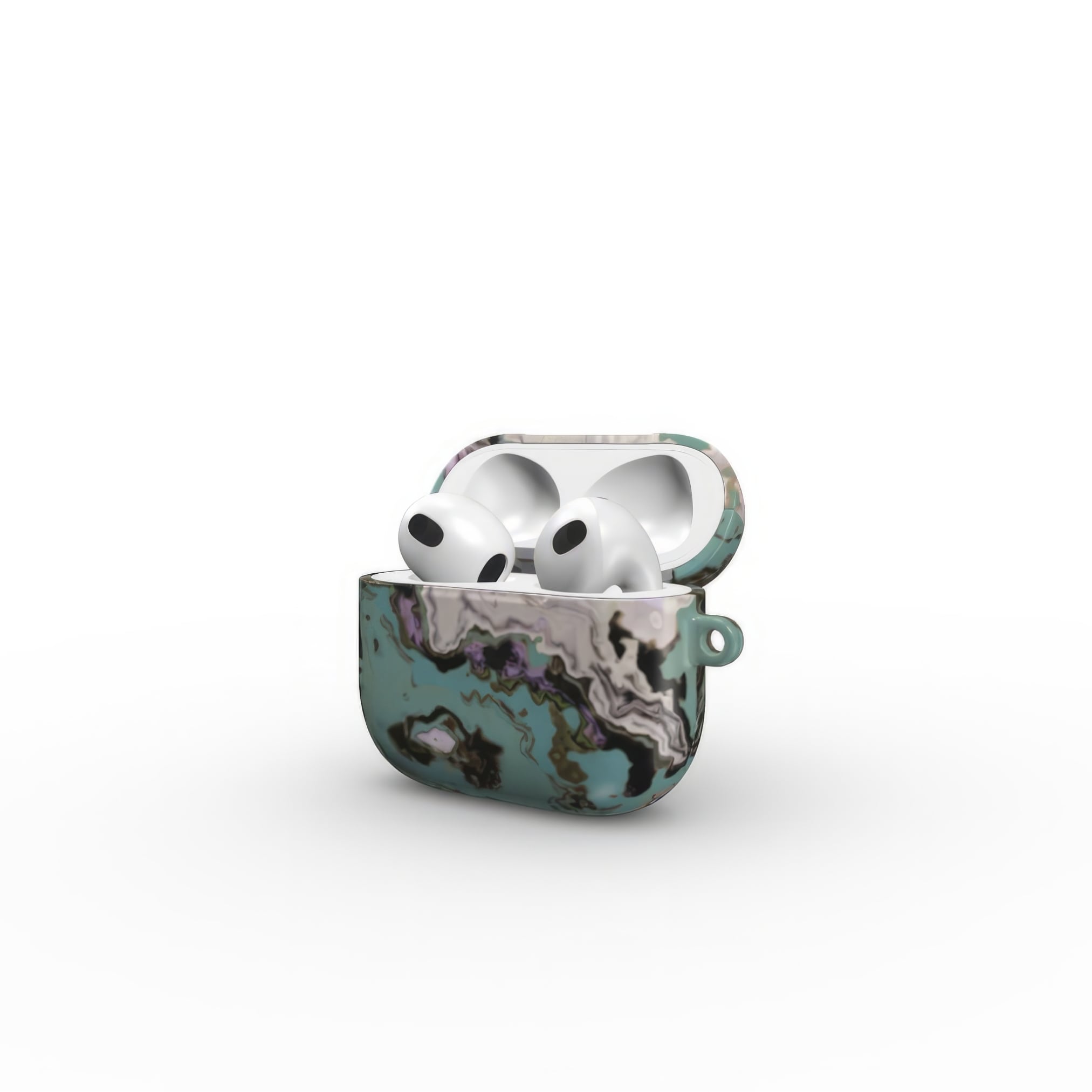 Apple AirPods 3 tough case with a bold vivid pattern in marble abstract and artistic style, featuring an elegant and expressive aesthetic design. Main colors are teal blue and light lilac. Side open view.
