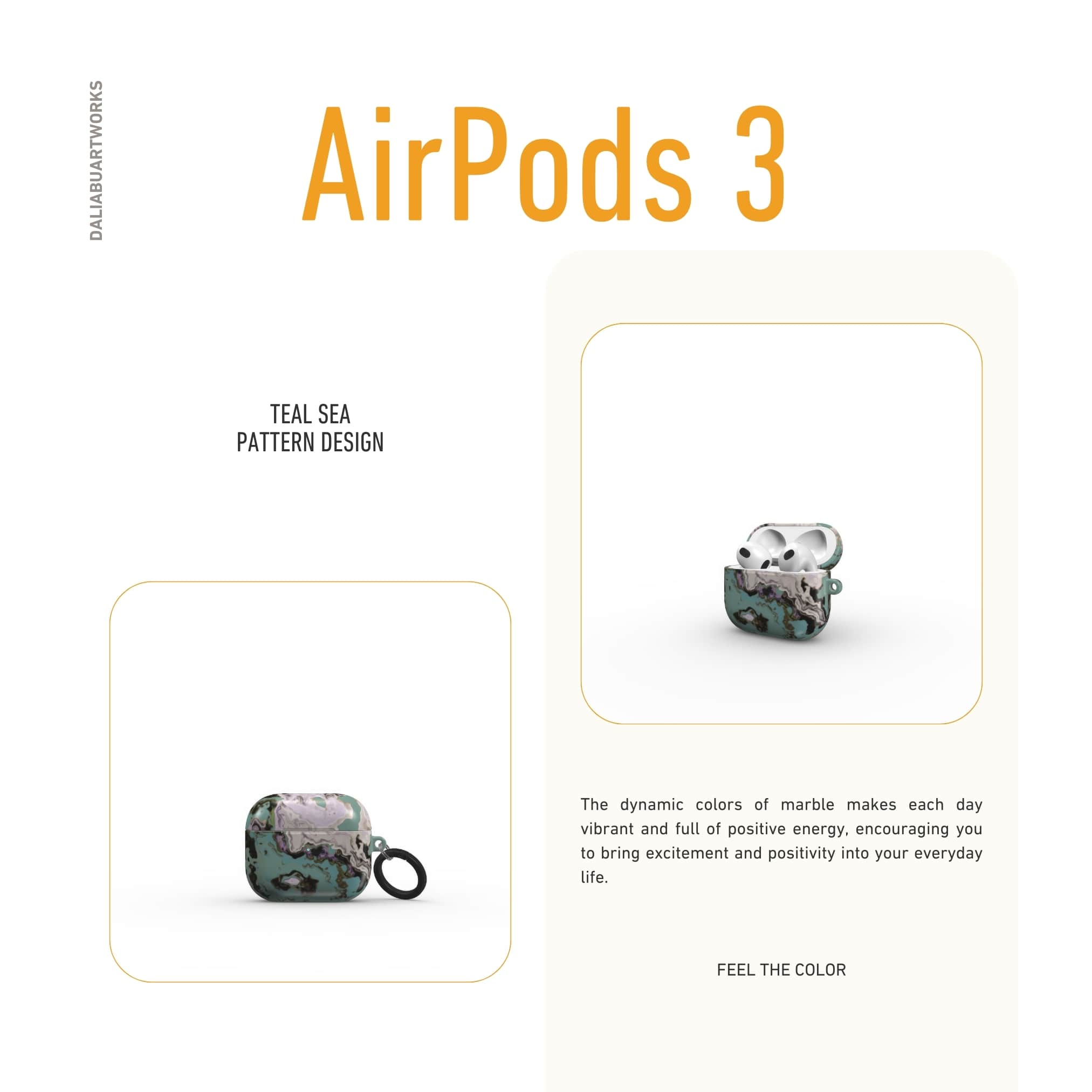 Apple AirPods 3 tough case with a bold vivid pattern in marble abstract and artistic style, featuring an elegant and expressive aesthetic design. Main colors are teal blue and light lilac. Description.