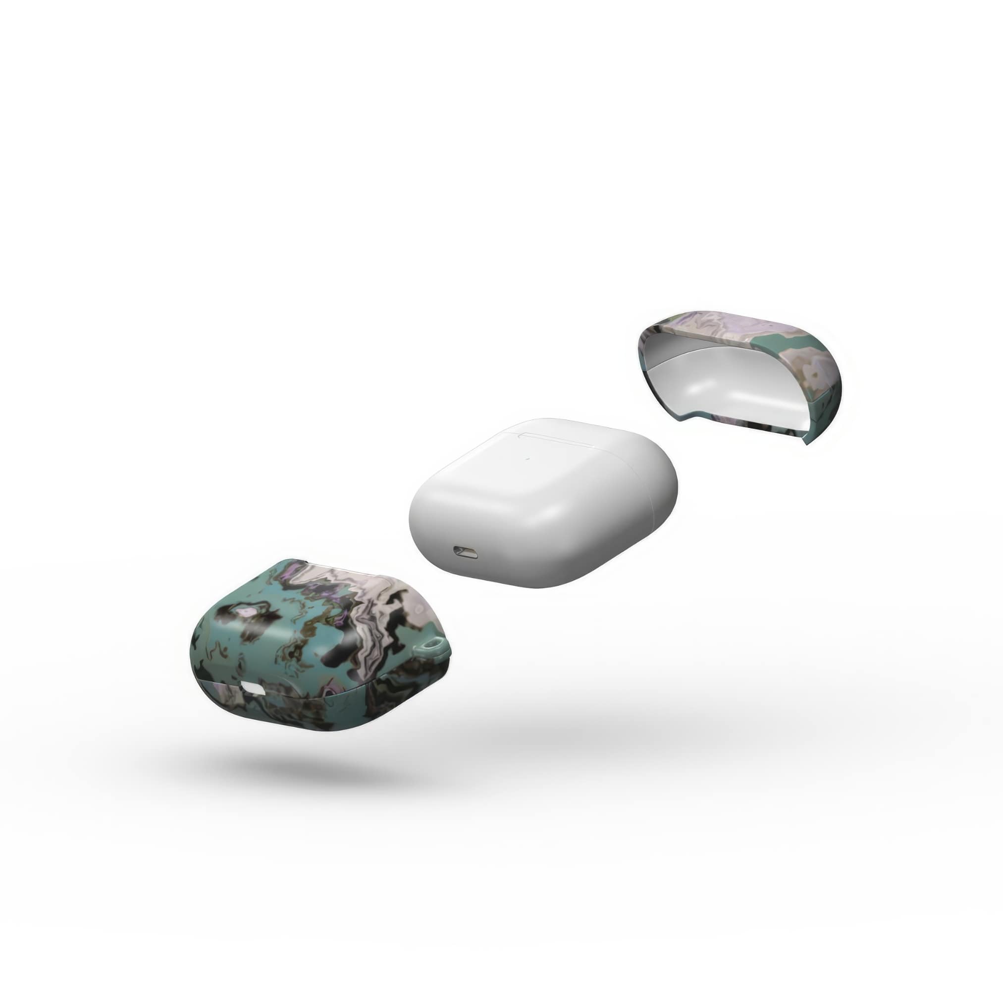 Apple AirPods 3 tough case with a bold vivid pattern in marble abstract and artistic style, featuring an elegant and expressive aesthetic design. Main colors are teal blue and light lilac. Extend view.