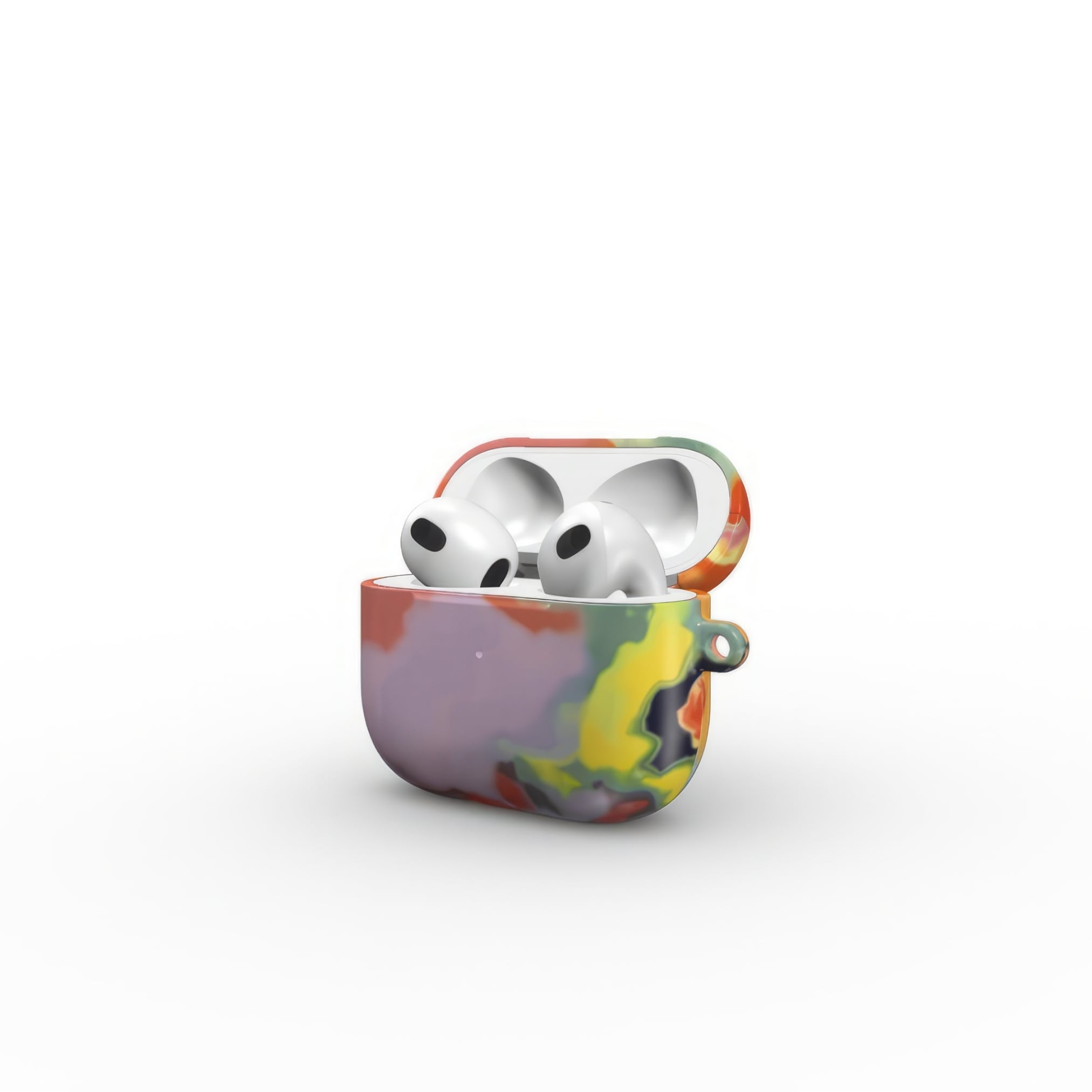 AirPods 3 tough case side open view; Tropical 1 pattern, artistic, abstract marble pattern. Orange and purple color combination.