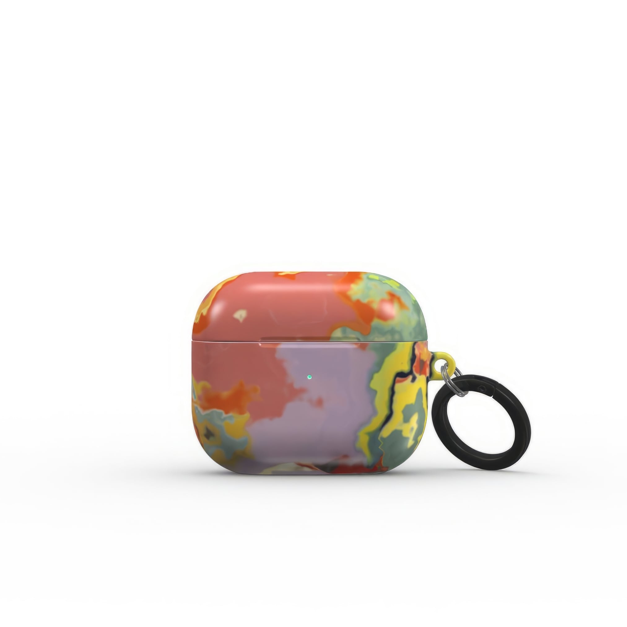 AirPods 3 case closed front view; Tropical 2 pattern, artistic, abstract marble pattern. Orange and green color combination. 