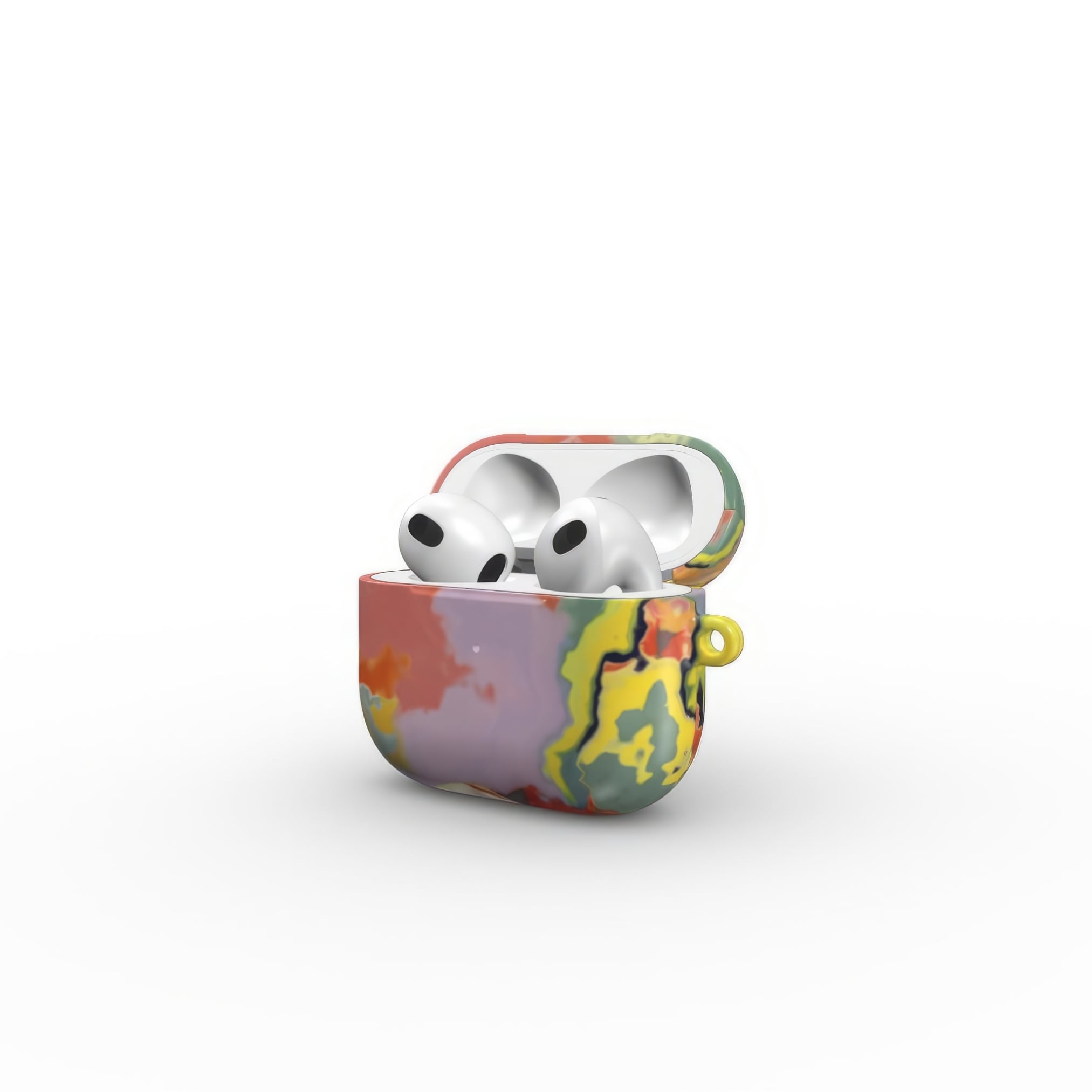 AirPods 3 case side open view; Tropical 2 pattern, artistic, abstract marble pattern. Orange and green color combination. 