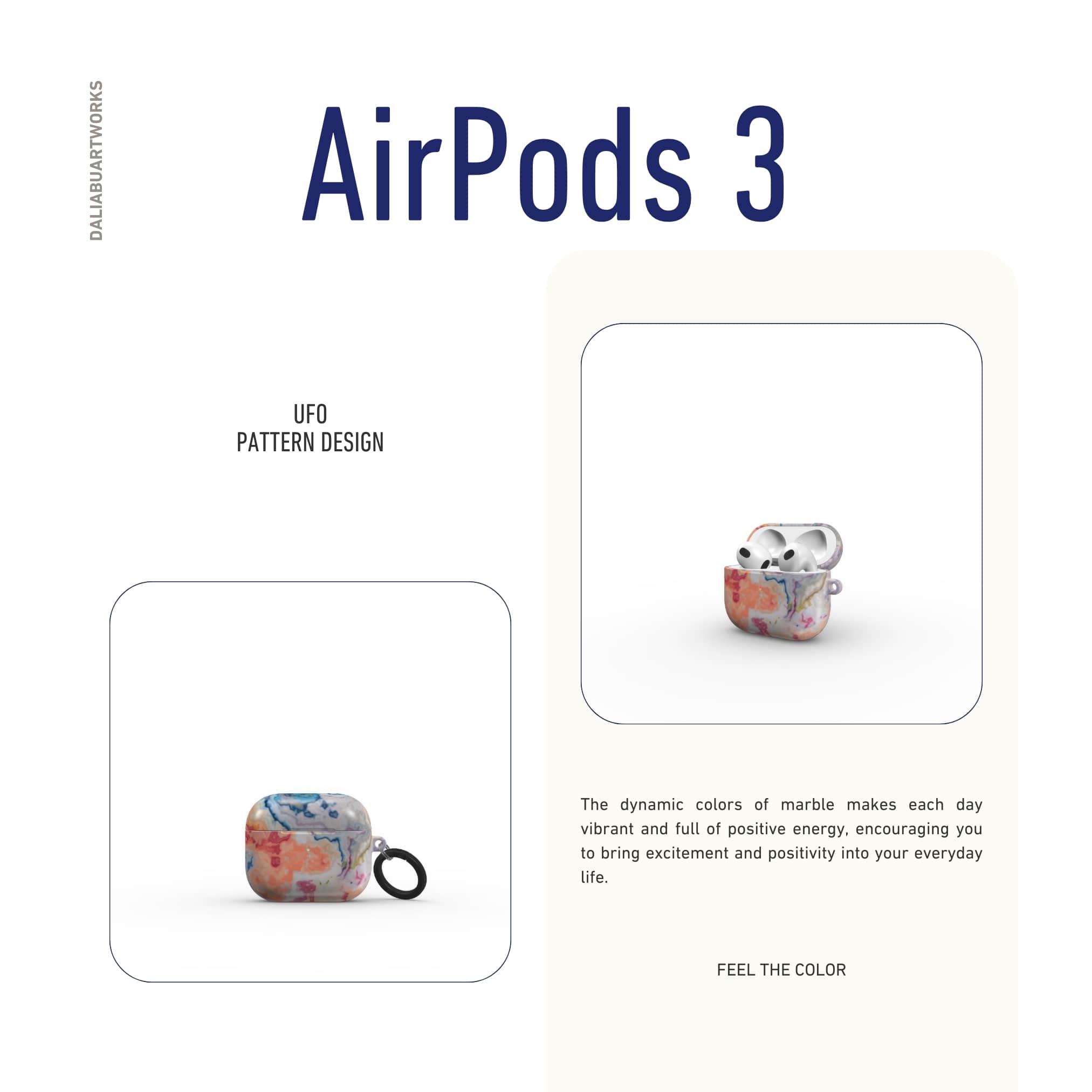 Ultra thin AirPods 3 tough case with a bold vivid pattern Ufo in marble abstract and artistic style, featuring an elegant and expressive aesthetic design. Main colors are blue, orange and red. Description.