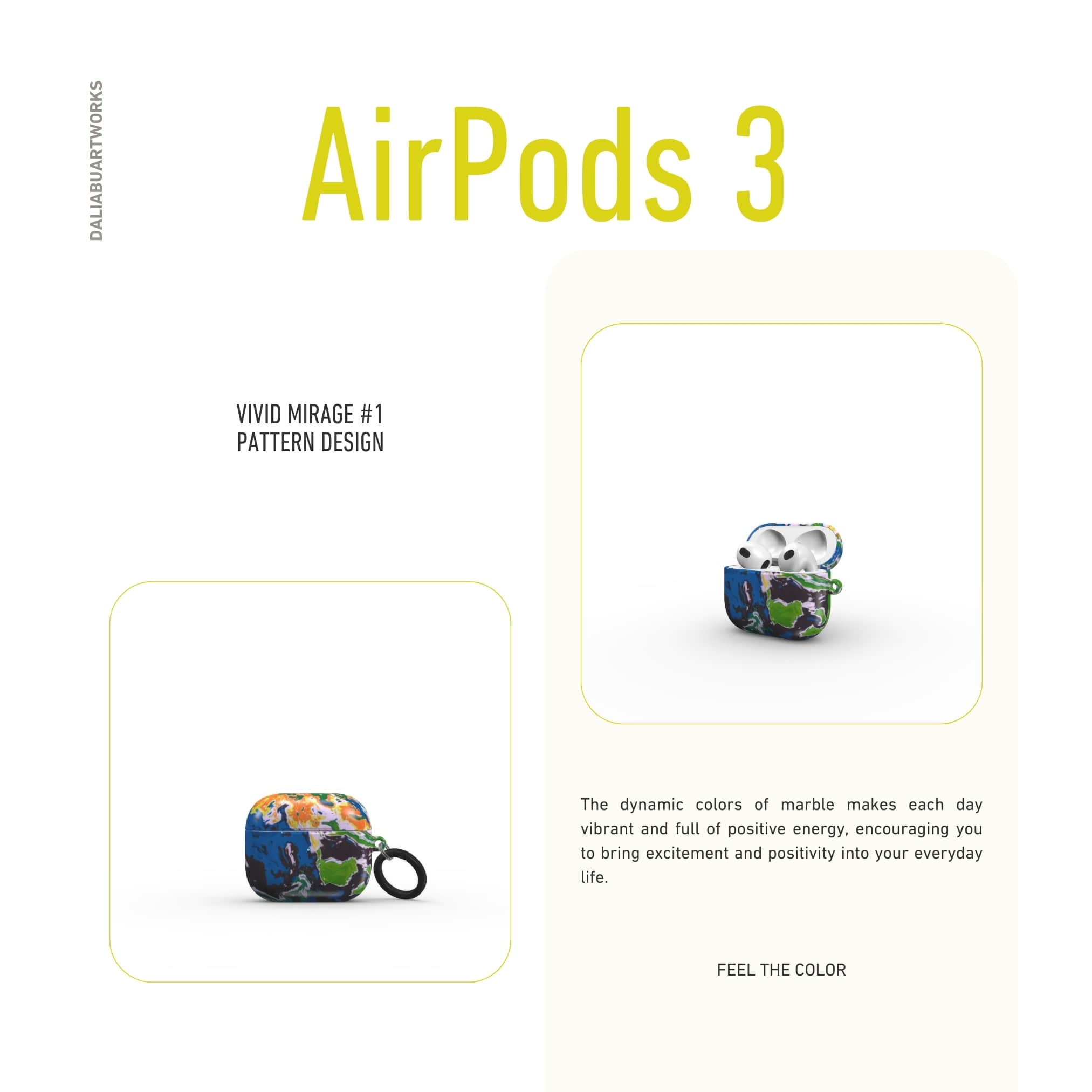 AirPods 3 case with a bold vivid pattern in marble abstract and artistic style, featuring an elegant and expressive aesthetic design. Main colors are blue, green and yellow with slight orange. Front view.