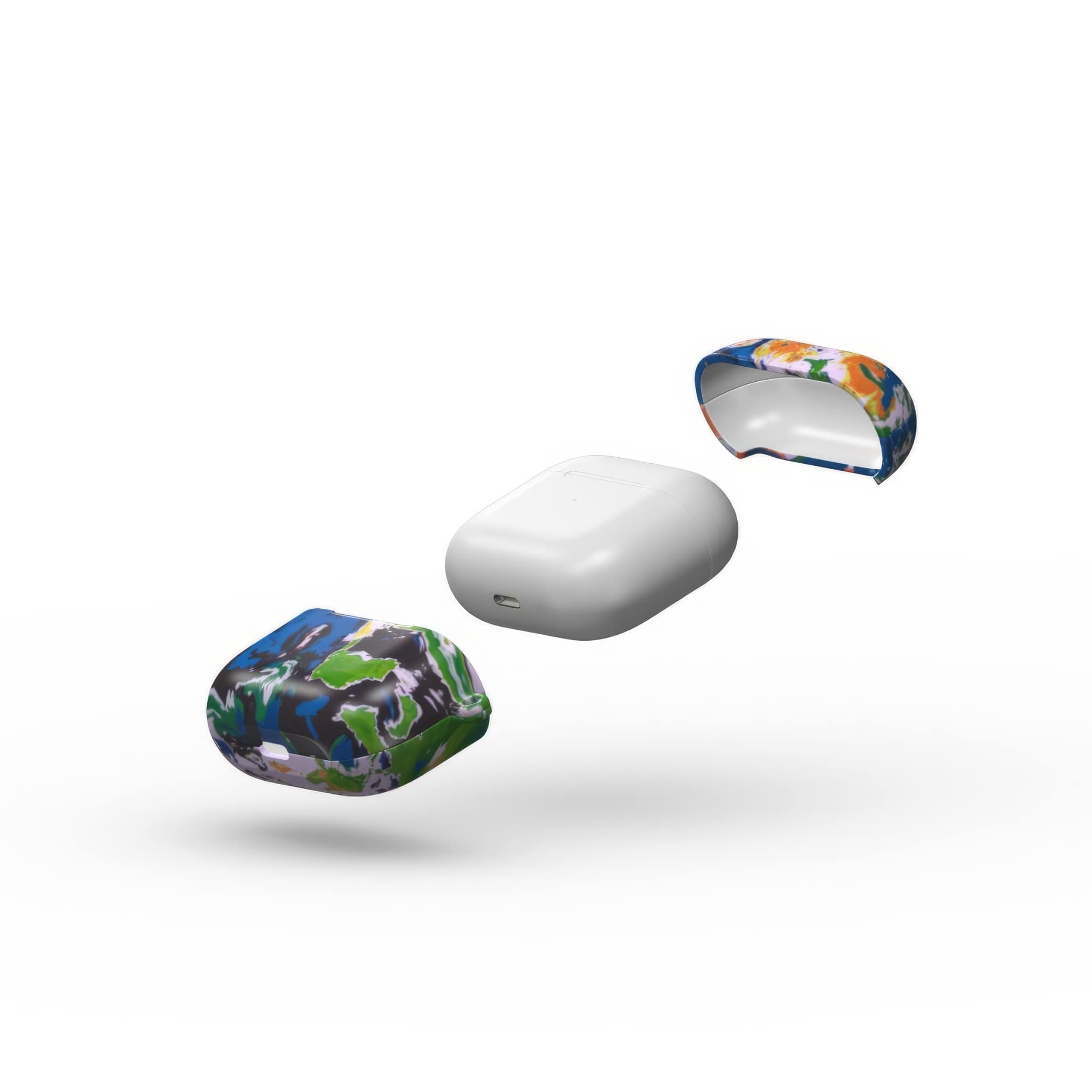 AirPods 3 case with a bold vivid pattern in marble abstract and artistic style, featuring an elegant and expressive aesthetic design. Main colors are blue, green and yellow with slight orange. Extend view.