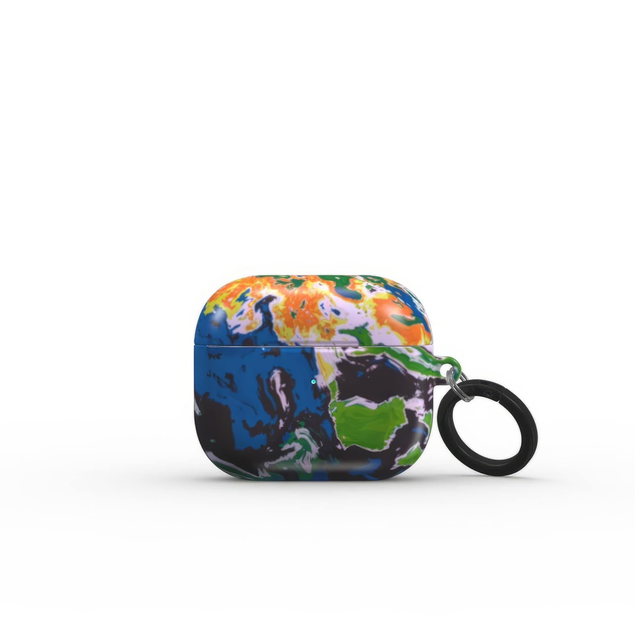AirPods 3 case with a bold vivid pattern in marble abstract and artistic style, featuring an elegant and expressive aesthetic design. Main colors are blue, green and yellow with slight orange. Front view.