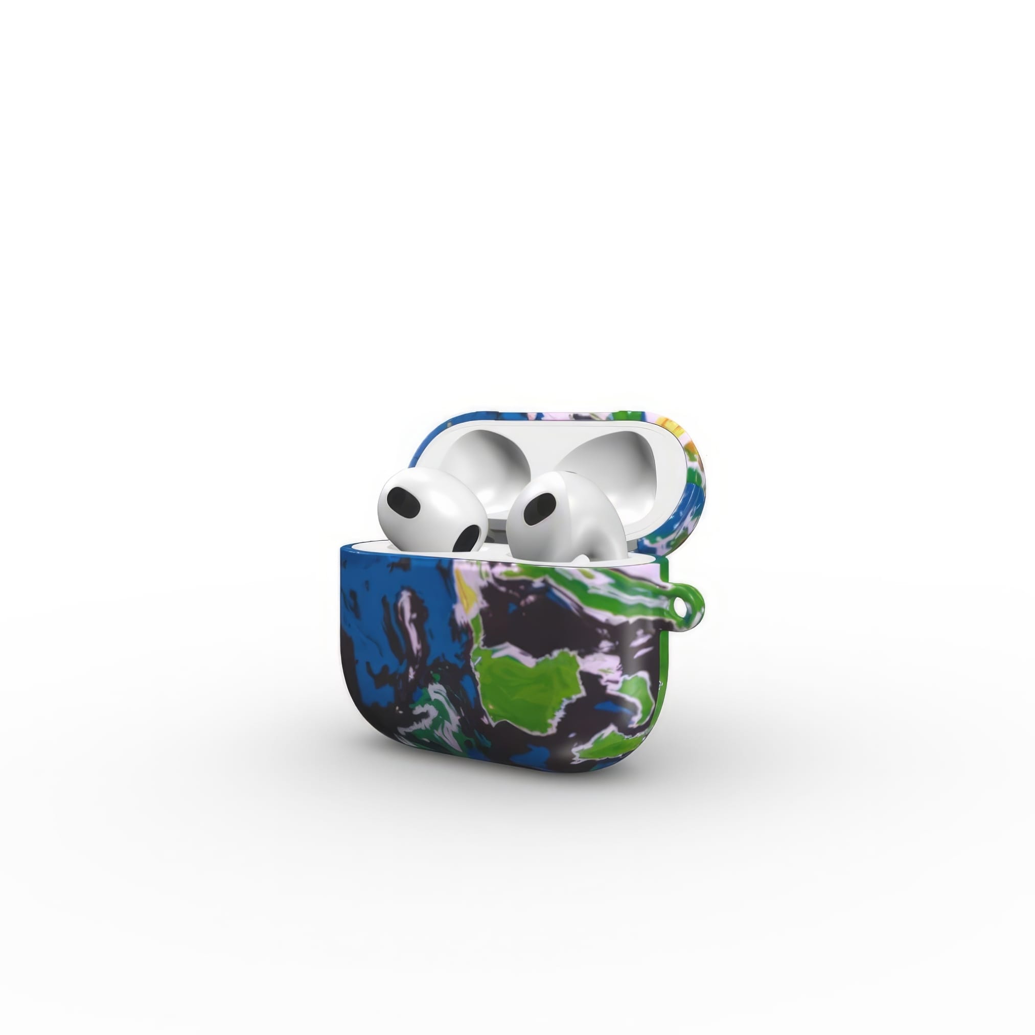 AirPods 3 case with a bold vivid pattern in marble abstract and artistic style, featuring an elegant and expressive aesthetic design. Main colors are blue, green and yellow with slight orange. Open side view.