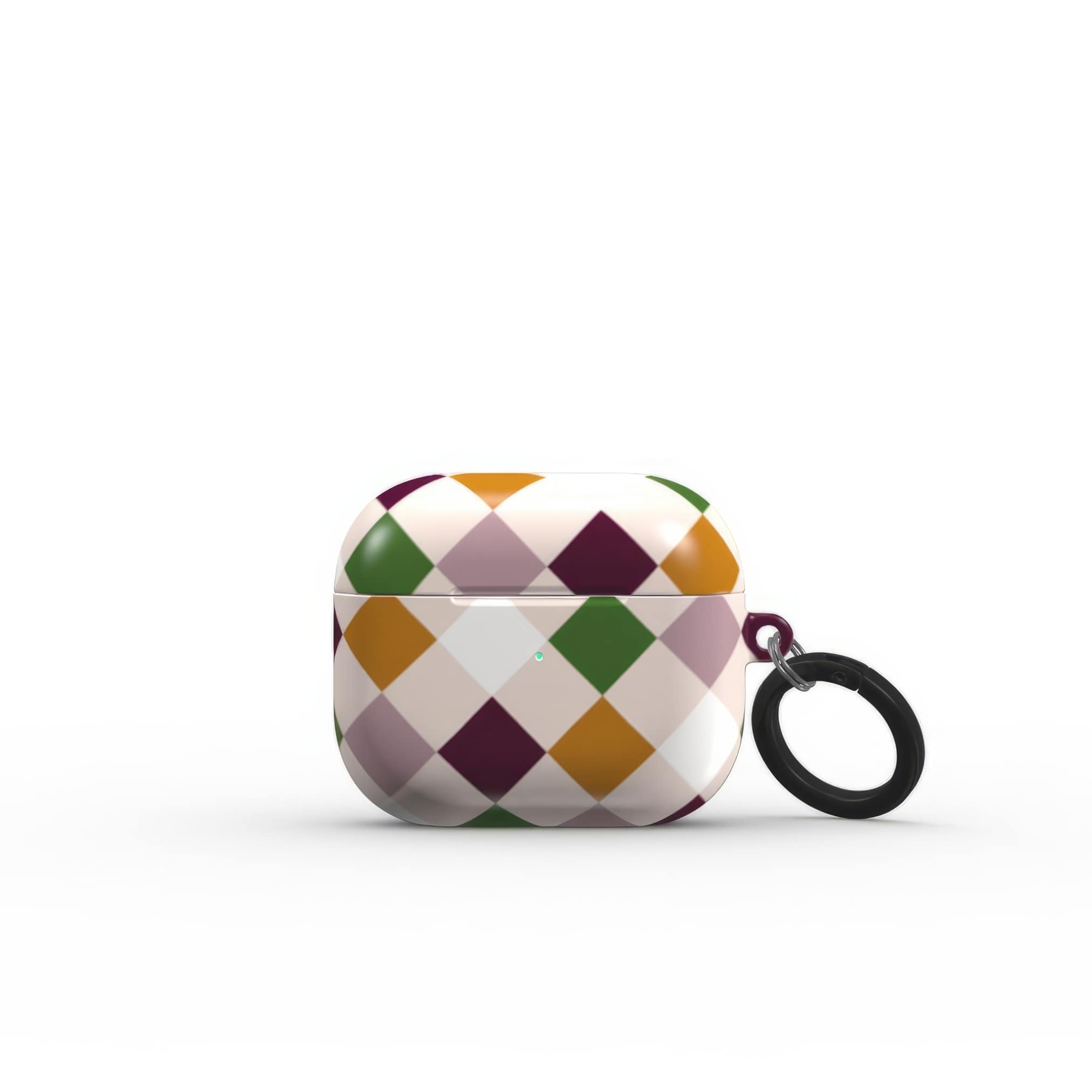 AirPods 3 hard shell ultra thin case Wonder Chess pattern design with a dynamic geometric symmetry in chess style, featuring an elegant and expressive aesthetic design. Main colors are sugar brown, green, deep cherry and pink. Closed front view.
