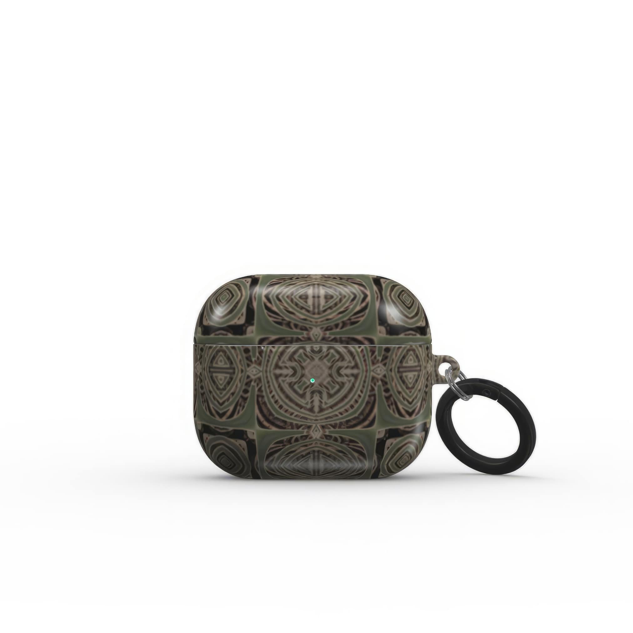 AirPods 3 case closed front view; wooden snake 3 pattern, ornamental pattern; kaleidoscope pattern imagination. Green color. Bold expressive aesthetic design. Colorful and interior fit. Elegant.