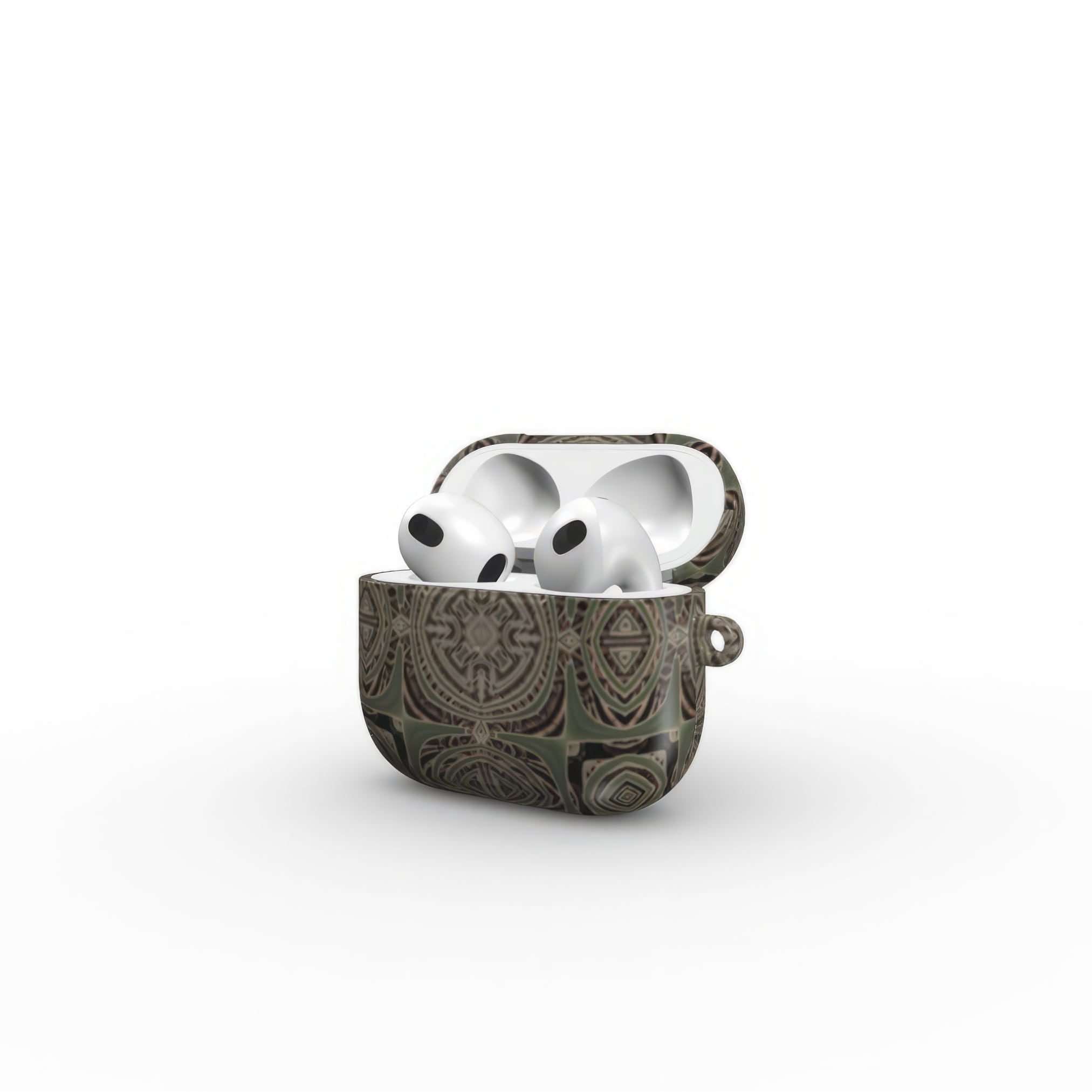 AirPods 3 case open side view; wooden snake 3 pattern, ornamental pattern; kaleidoscope pattern imagination. Green color.