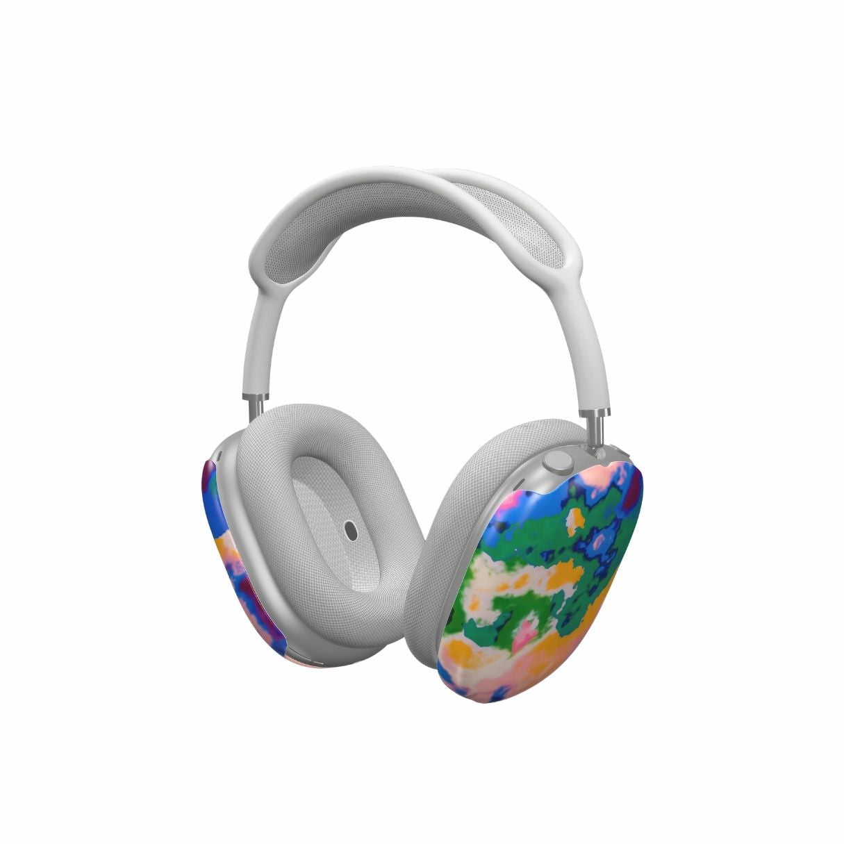 Tough AirPods Max case side view; Brazil pattern, artistic, abstract marble pattern. Green, blue and orange color combination.