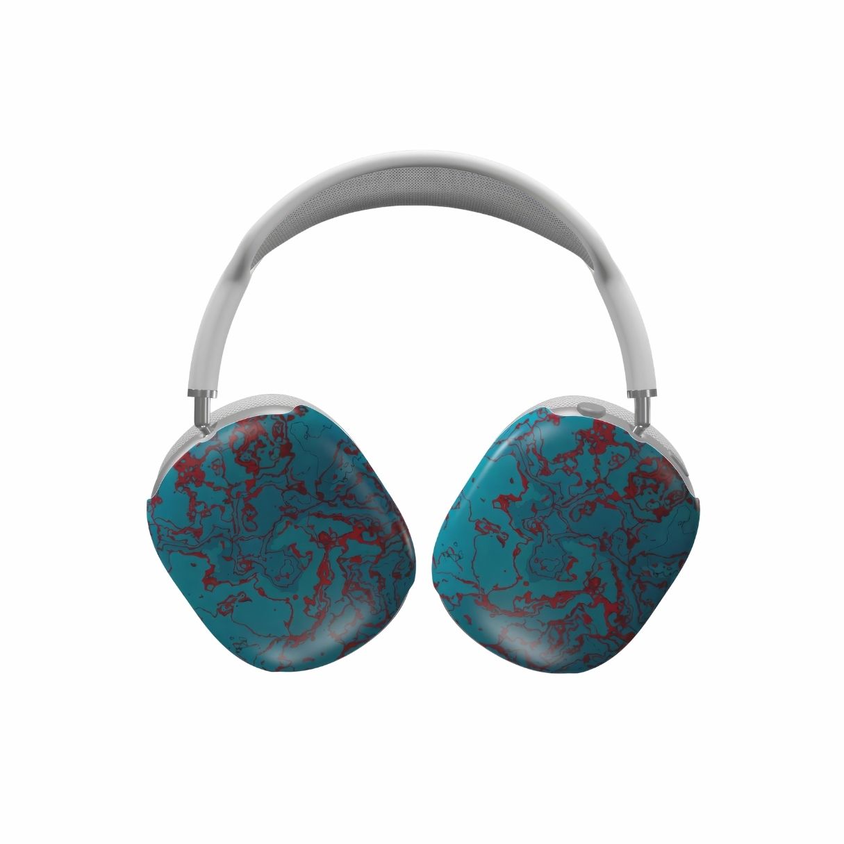 AirPods Max case with vivid color pattern Arteries abstract and artistic style, featuring an elegant and expressive aesthetic design. Main colors are red, turquoise blue. Front view.