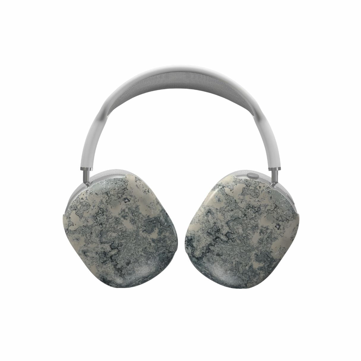 AirPods Max case with a bold vivid pattern Blue Night Dusts abstract and artistic style, featuring an elegant and expressive aesthetic design. Main colors are blue and beige. Front view.
