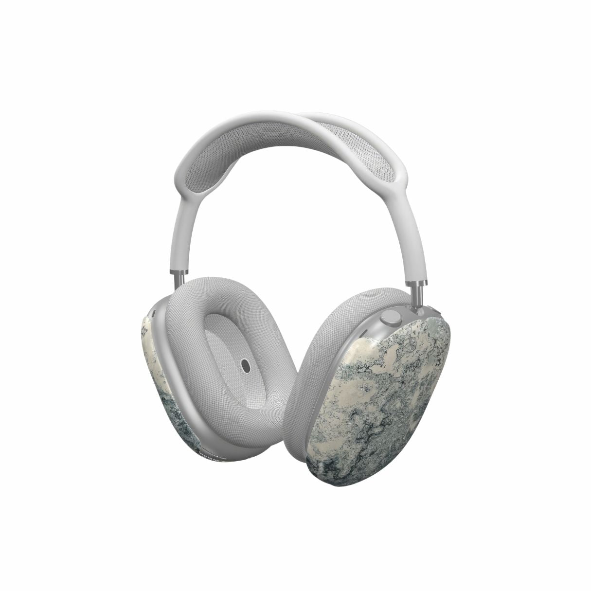 AirPods Max case with a bold vivid pattern Blue Night Dusts abstract and artistic style, featuring an elegant and expressive aesthetic design. Main colors are blue and beige. Side view.