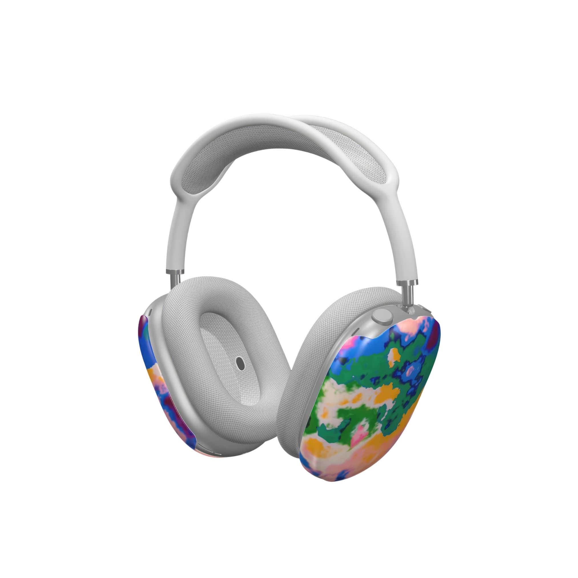 Tough AirPods Max case side view; Brazil pattern, artistic, abstract marble pattern. Green, blue and orange color combination.