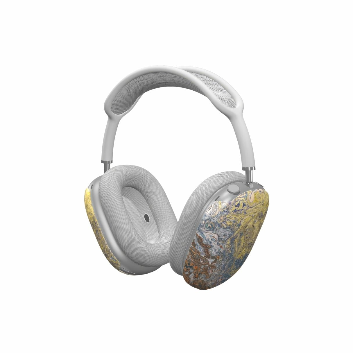 AirPods Max case with a calm color pattern Chill Time abstract and artistic style, featuring an elegant and aesthetic design. Main colors are muted yellow, grey and orange, brown. Side view.