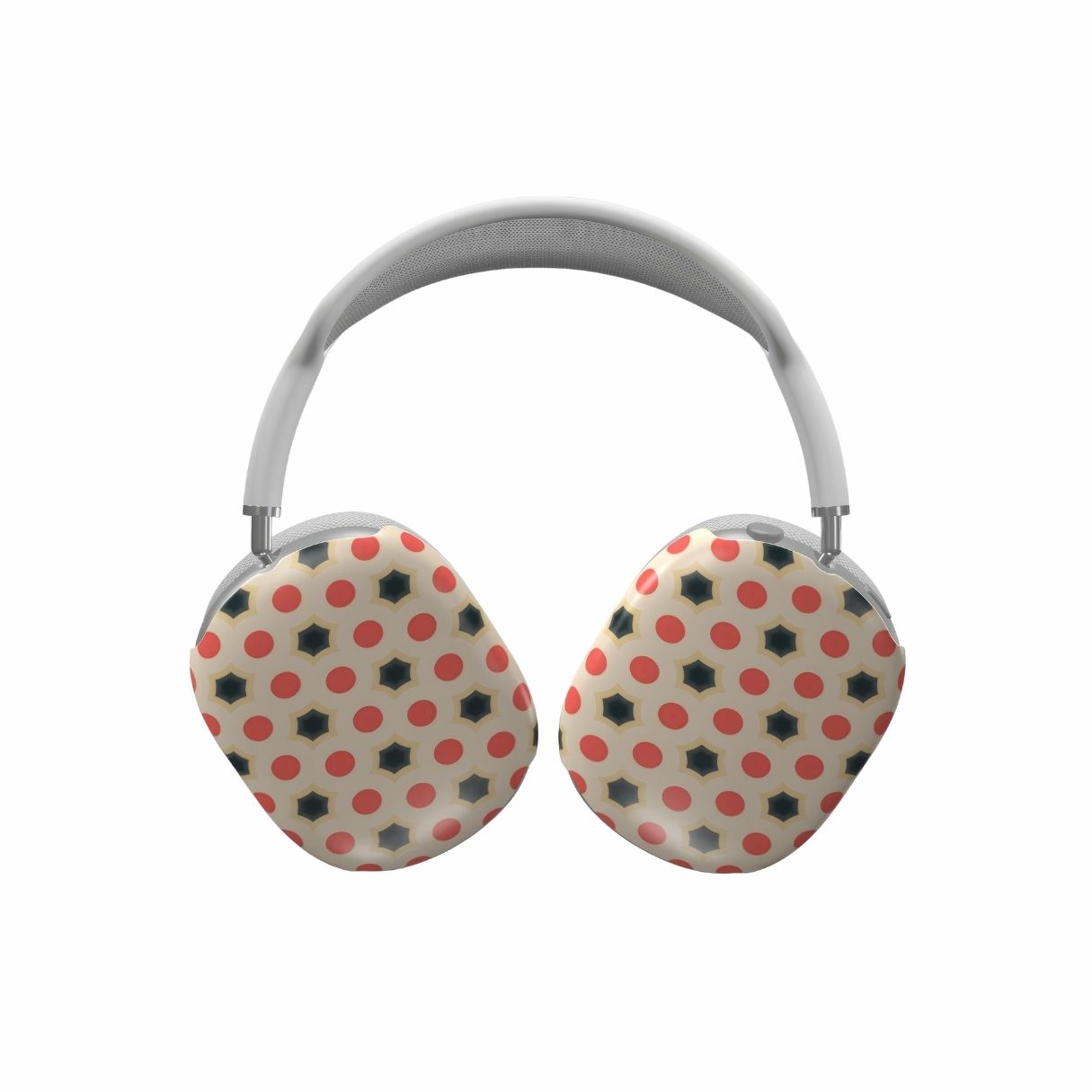 Tough AirPods Max case front view; Clown Add pattern, artistic, ornamental pattern. Red and Beige color combination. Bold expressive aesthetic design. Colorful and interior fit. 