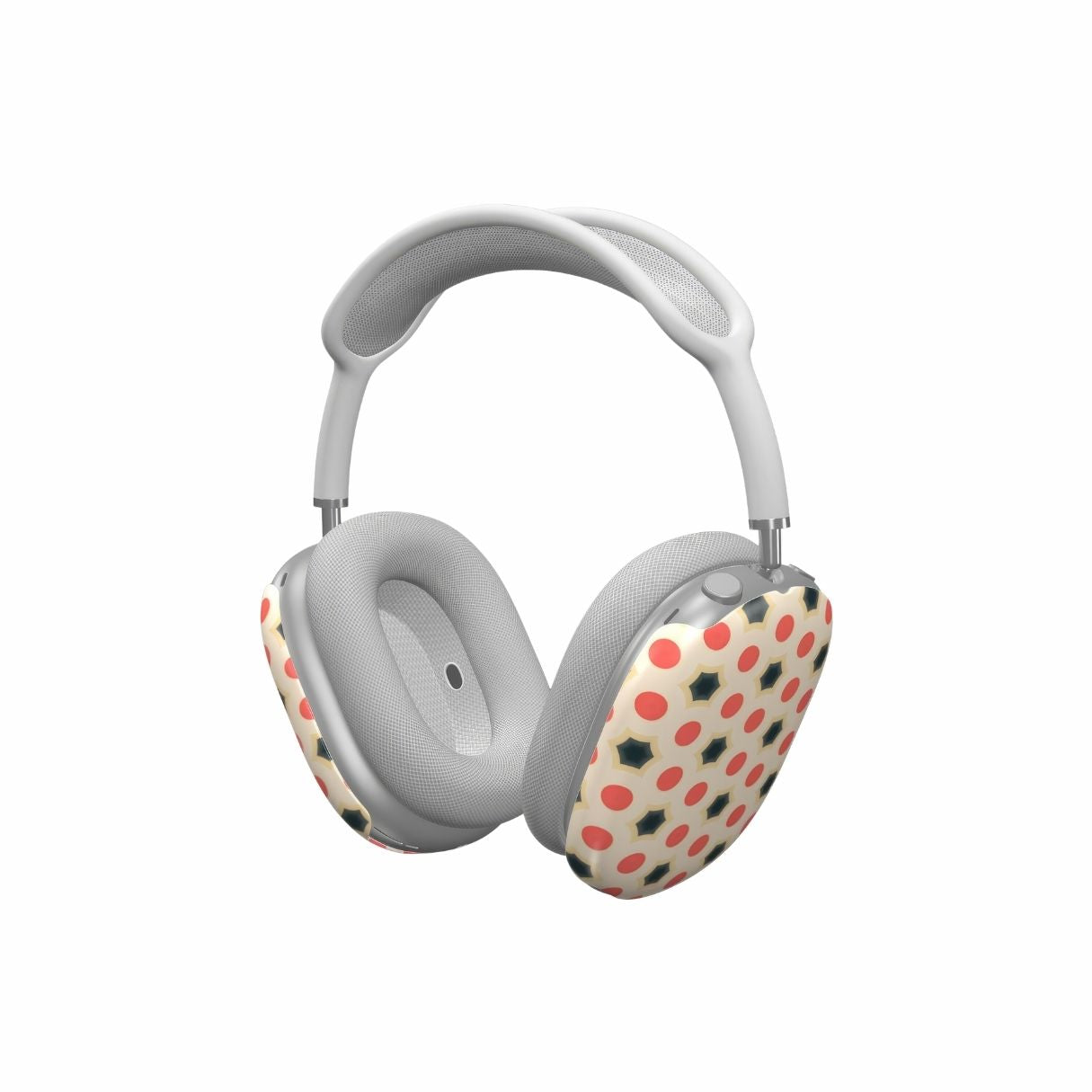 Tough AirPods Max case side view; Clown Add pattern, artistic, ornamental pattern. Red and Beige color combination. Bold expressive aesthetic design. Colorful and interior fit. 