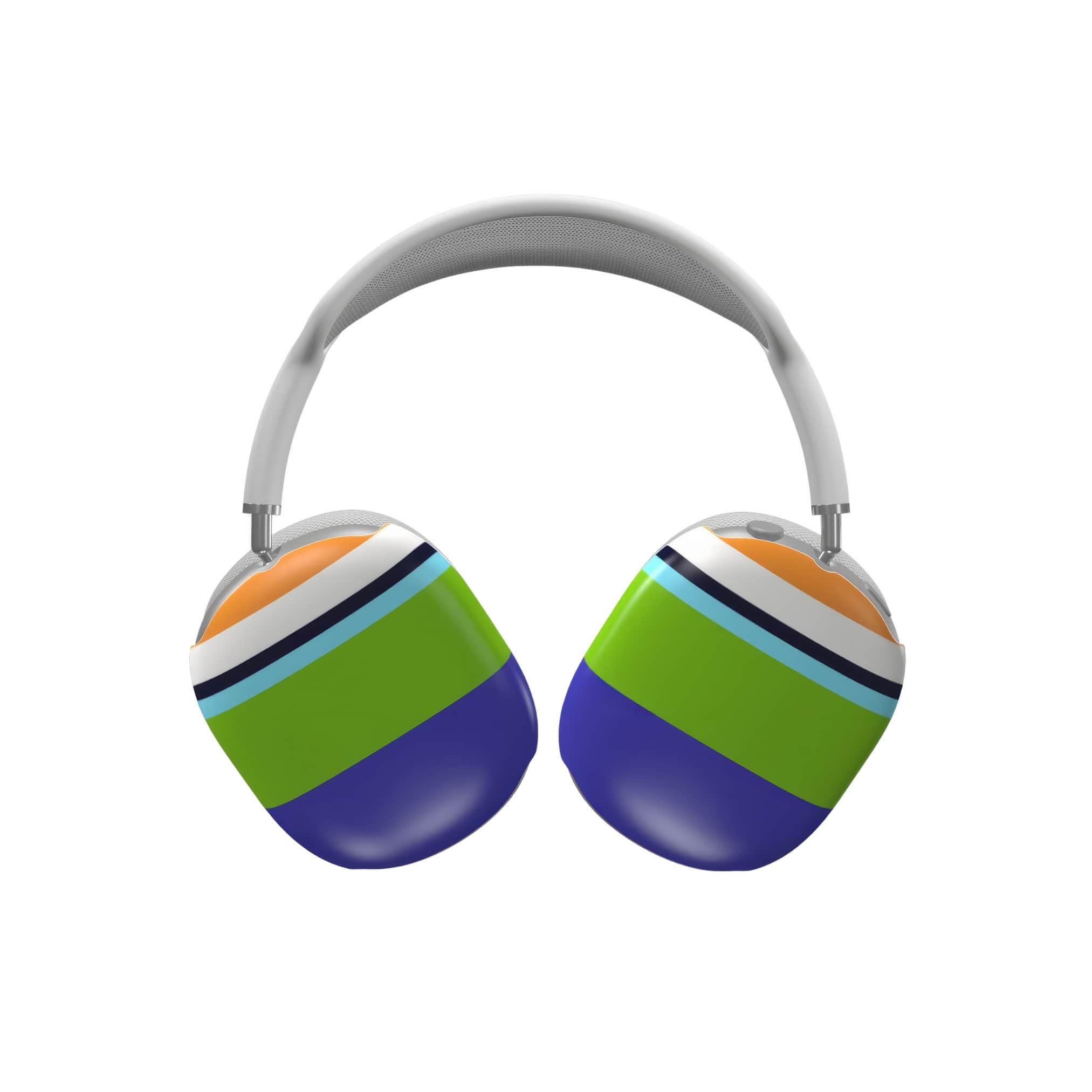 AirPods Max tough case Color Blocks 3 pattern design with a color blocks, featuring an elegant and expressive aesthetic design. Main colors are light green, violet and orange. Front view.