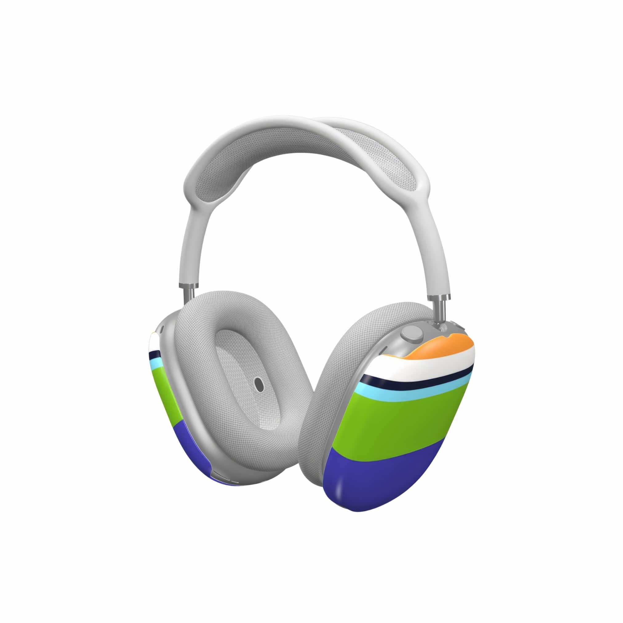 AirPods Max tough case Color Blocks 3 pattern design with a color blocks, featuring an elegant and expressive aesthetic design. Main colors are light green, violet and orange. Side view.