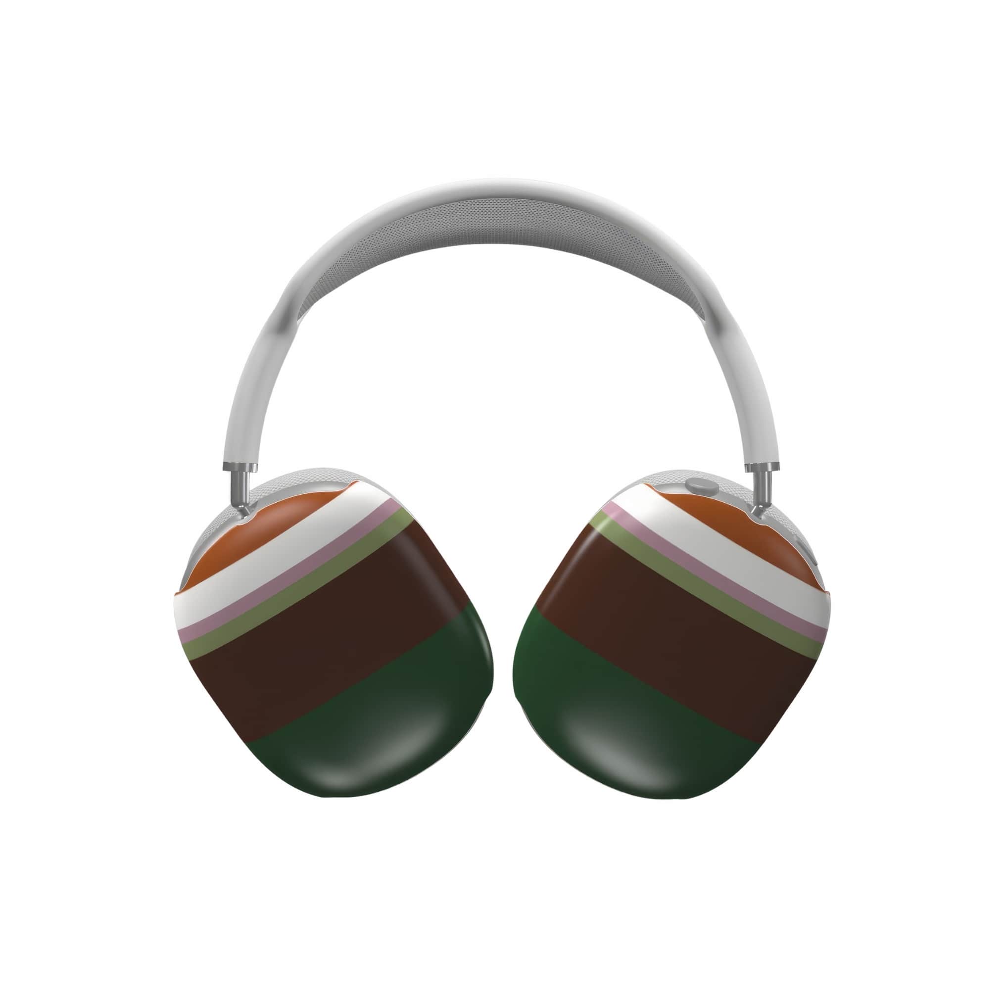 AirPods Max case Color Blocks 4 pattern design with a color blocks, featuring an elegant and expressive aesthetic design. Main colors are caramel, chocolate brown, rich green. Front view.
