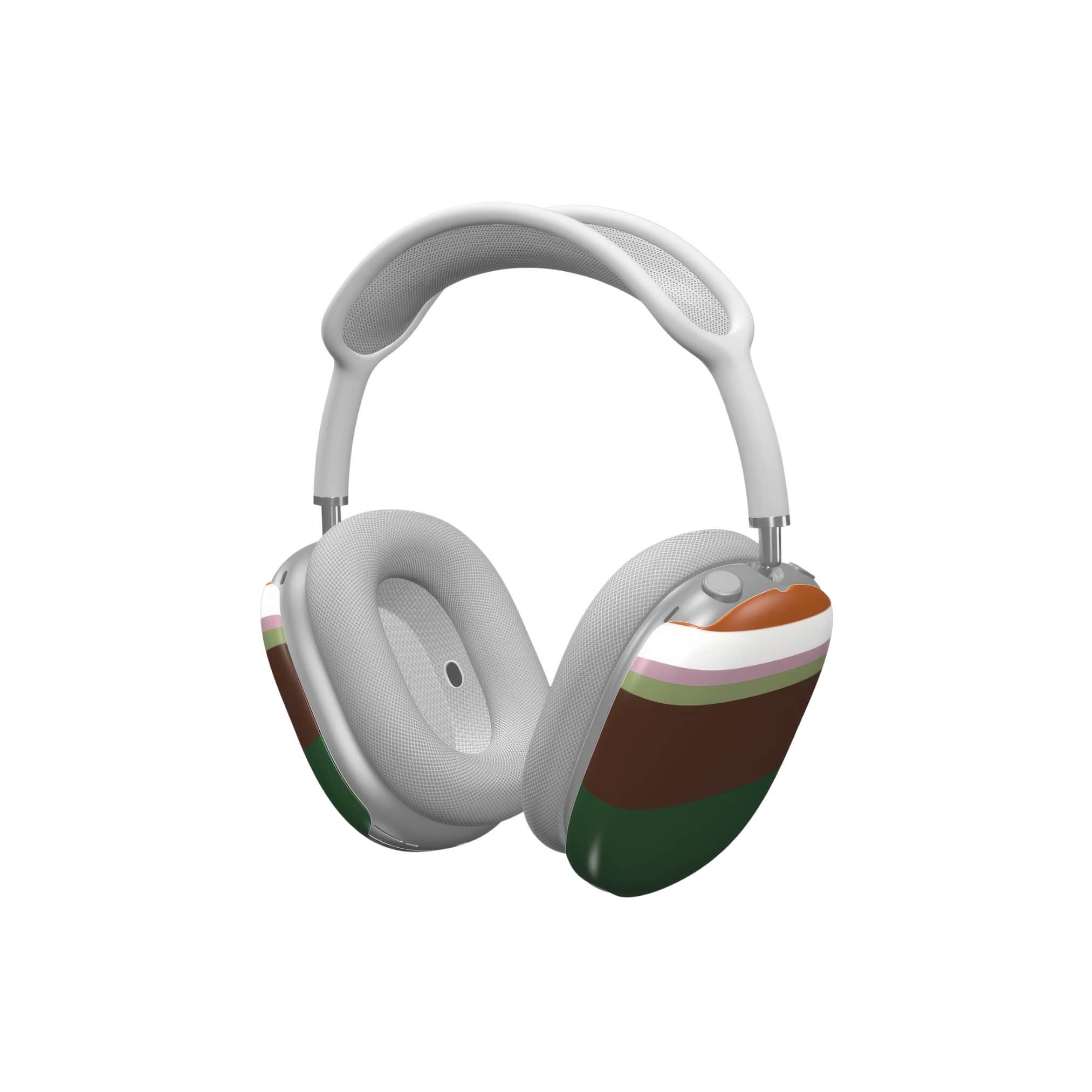 AirPods Max case Color Blocks 4 pattern design with a color blocks, featuring an elegant and expressive aesthetic design. Main colors are caramel, chocolate brown, rich green. Side view.