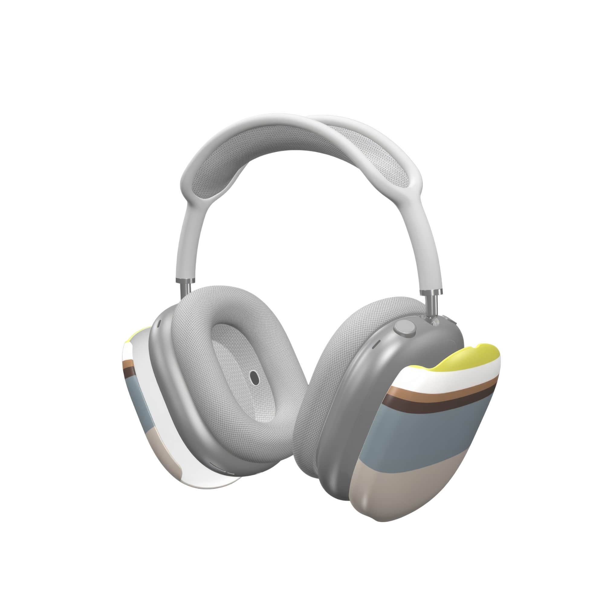 AirPods Max tough case Color Blocks Grey pattern design with a color blocks, featuring an elegant and expressive aesthetic design. Main colors are caramel, chocolate brown, yellow and gray. Extend view.