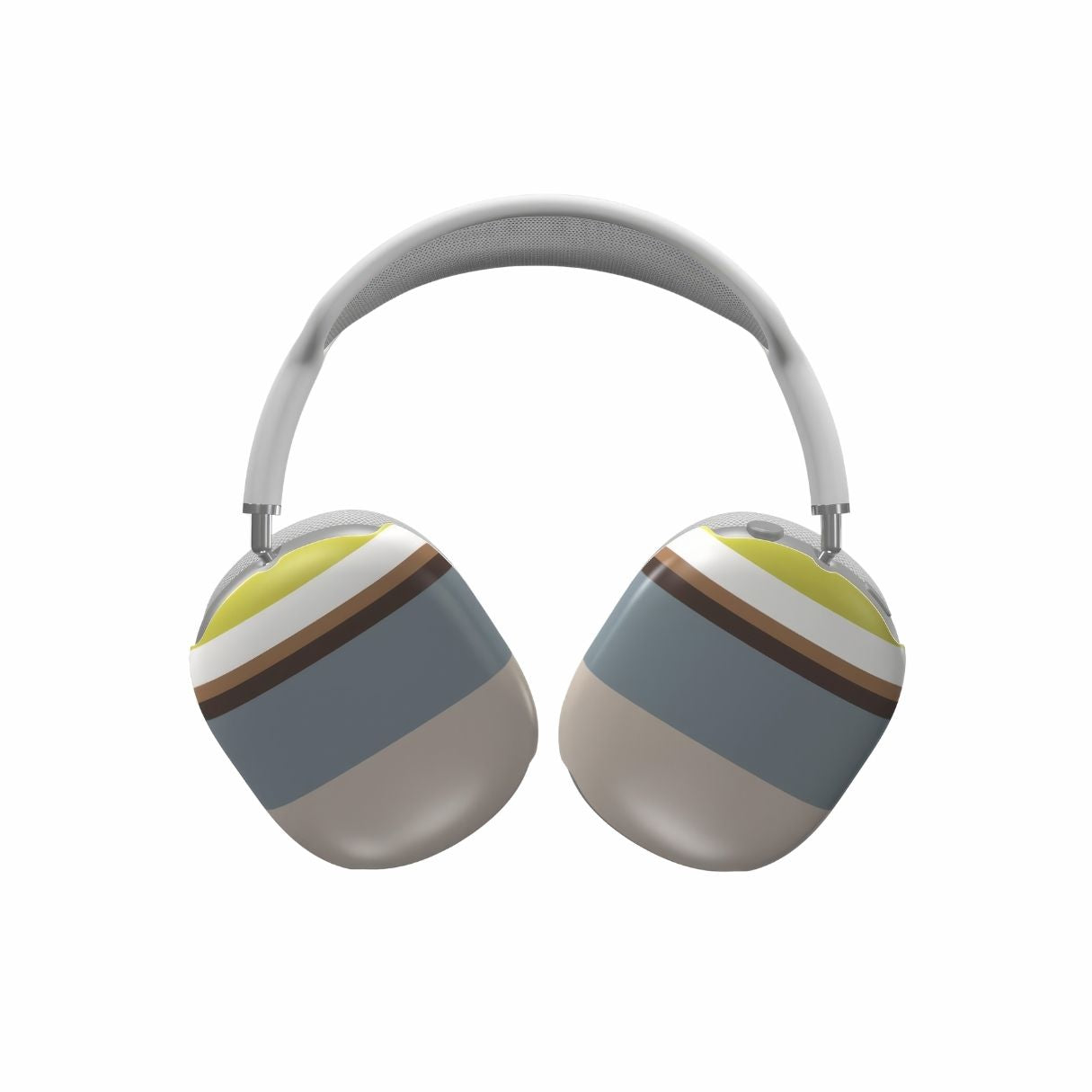 AirPods Max tough case Color Blocks Grey pattern design with a color blocks, featuring an elegant and expressive aesthetic design. Main colors are caramel, chocolate brown, yellow and gray. Front view.