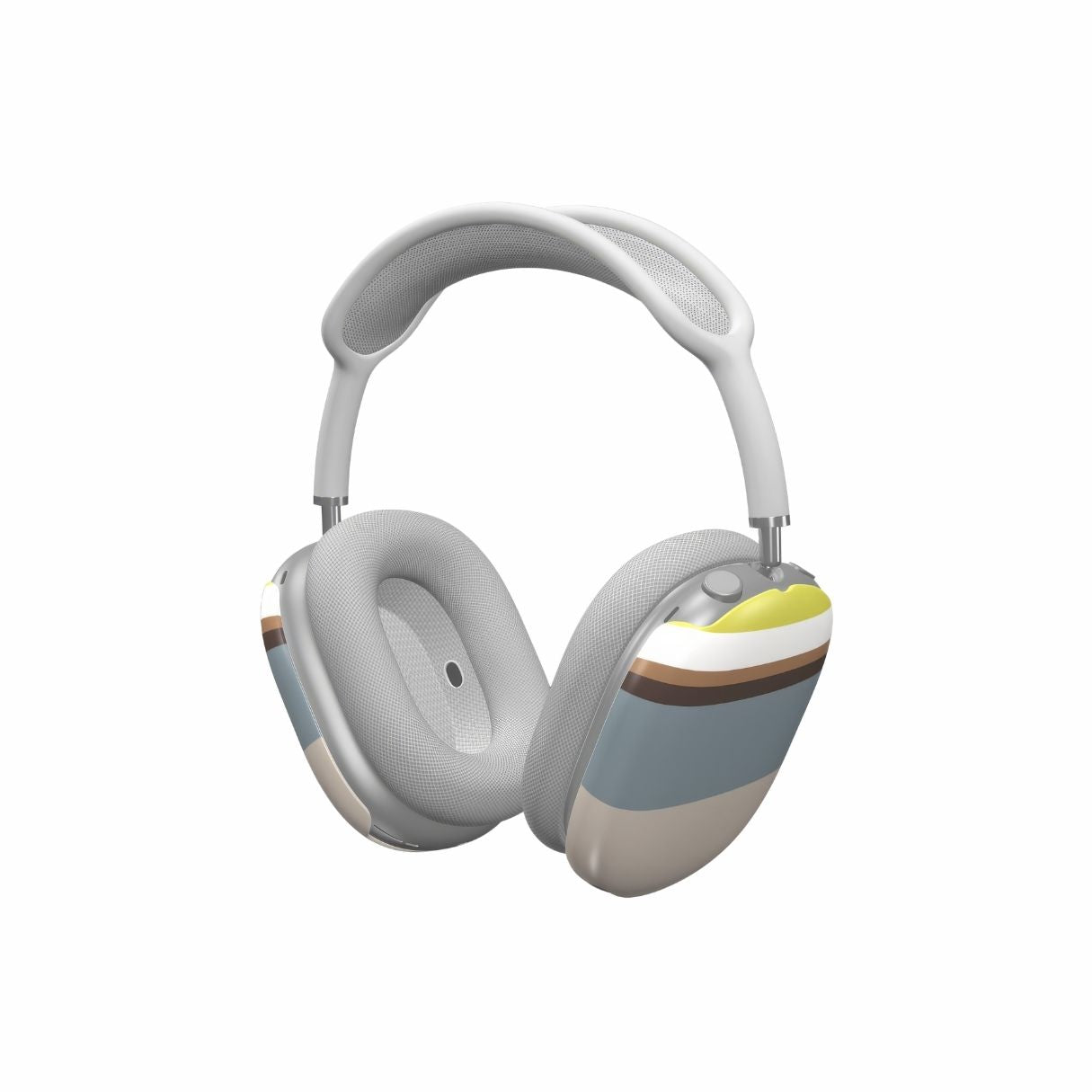 AirPods Max tough case Color Blocks Grey pattern design with a color blocks, featuring an elegant and expressive aesthetic design. Main colors are caramel, chocolate brown, yellow and gray. Side view.