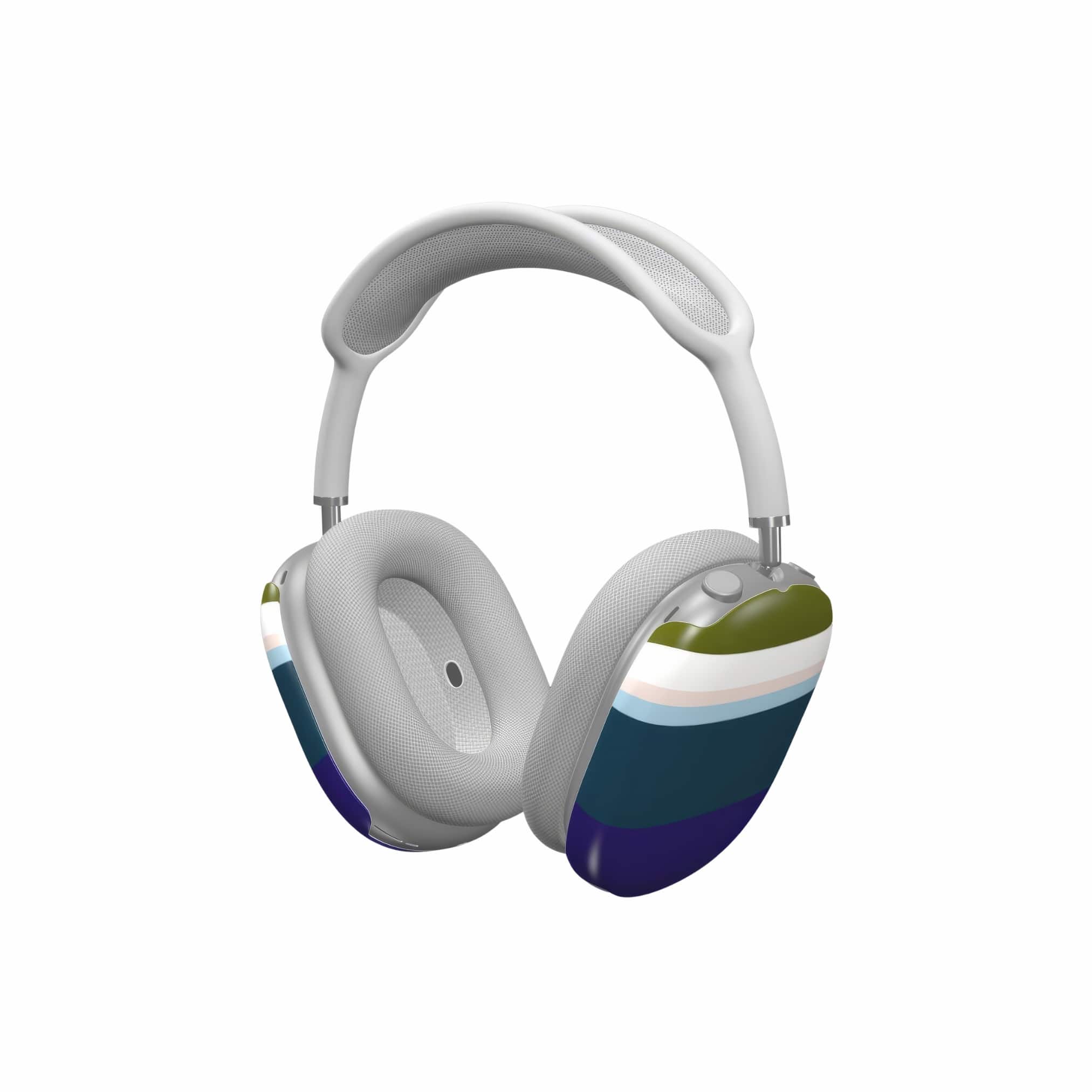 AirPods Max hard shell ultra thin tough case Color Blocks Navy pattern design with a color blocks, featuring an elegant and expressive aesthetic design. Main colors are khaki, navy blue, deep marine, light blue and pink. Side view.