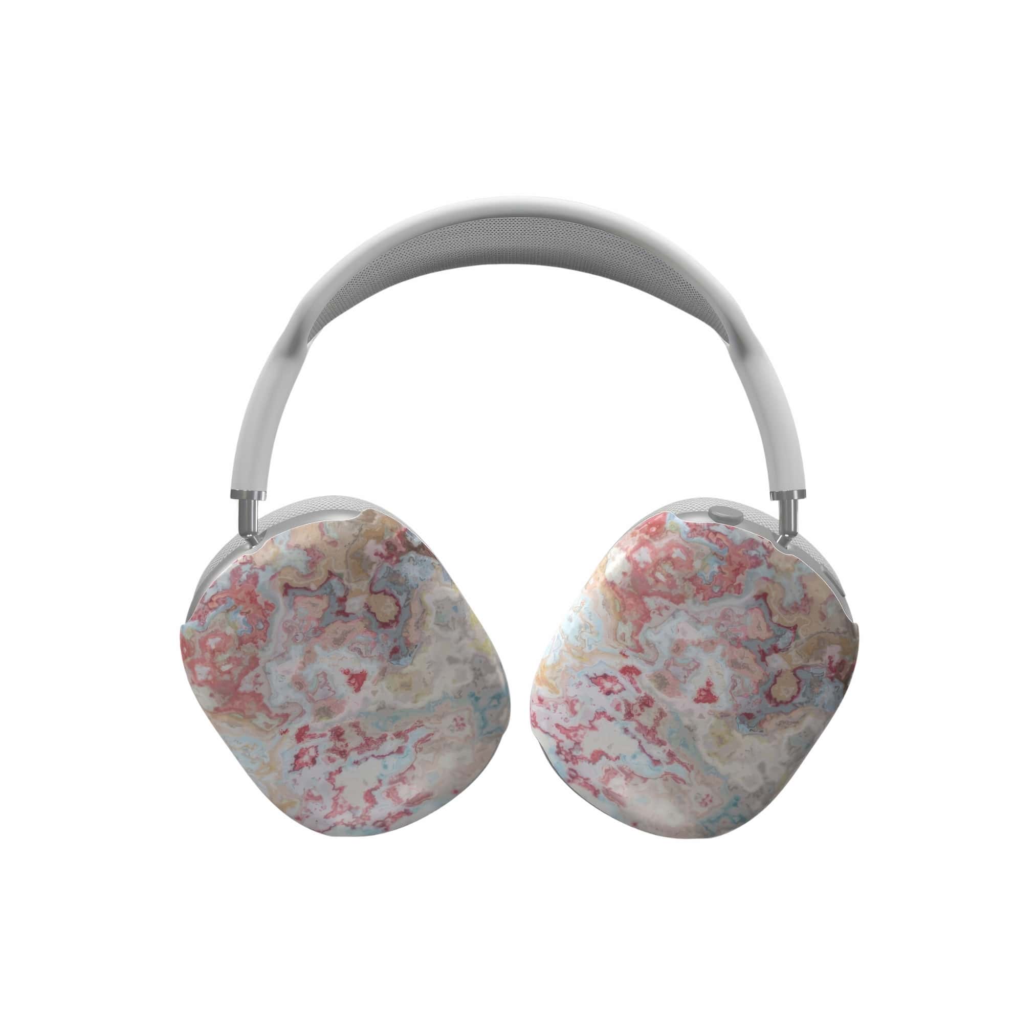 Tough AirPods Max case front view; Divine Blue pattern, artistic, abstract marble pattern. Brown and brick red color combination. Bold expressive aesthetic design. Colorful and interior fit. Elegant.