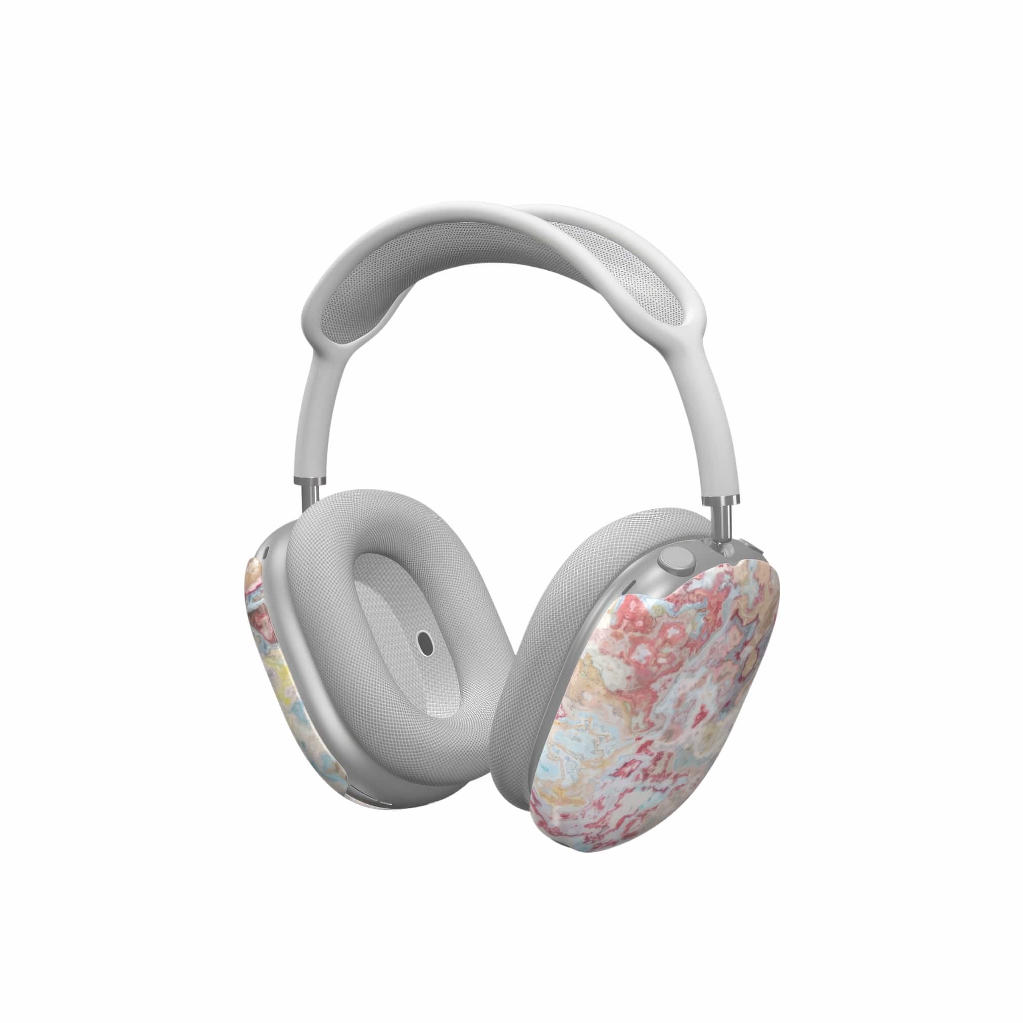 Tough AirPods Max case side view; Divine Blue pattern, artistic, abstract marble pattern. Brown and brick red color combination. 