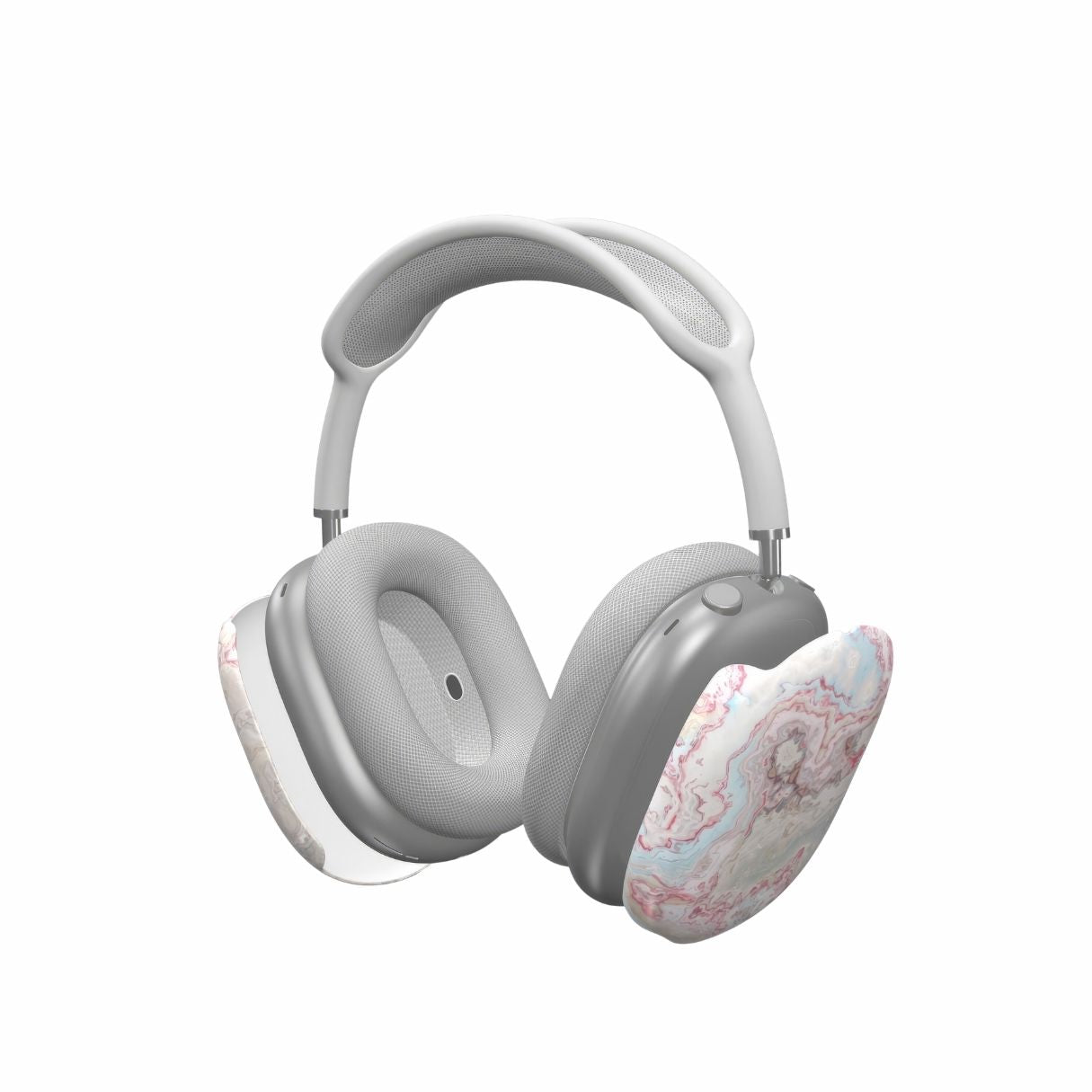 Tough AirPods Max case extend view; Divine Blue River pattern, artistic, abstract marble pattern. Light blue and pink color combination. Bold expressive aesthetic design. Colorful and interior fit. Elegant.