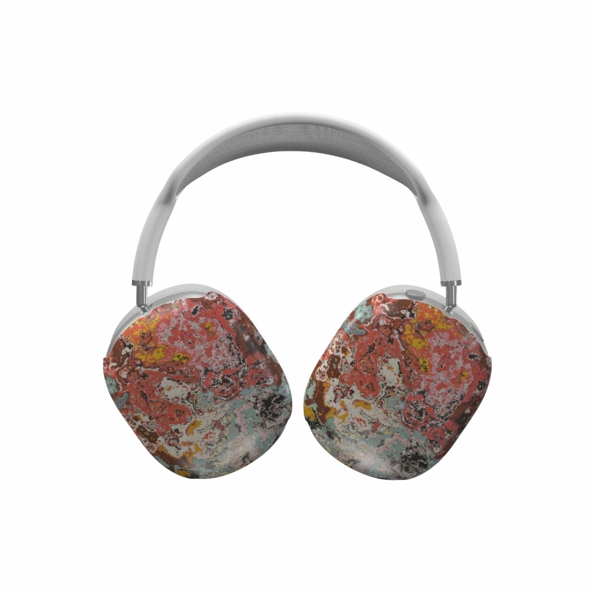 Tough AirPods Max case front view; Earth in Flux pattern, artistic, abstract marble pattern. Brown and brick red color combination. Bold expressive aesthetic design. Colorful and interior fit. Elegant.
