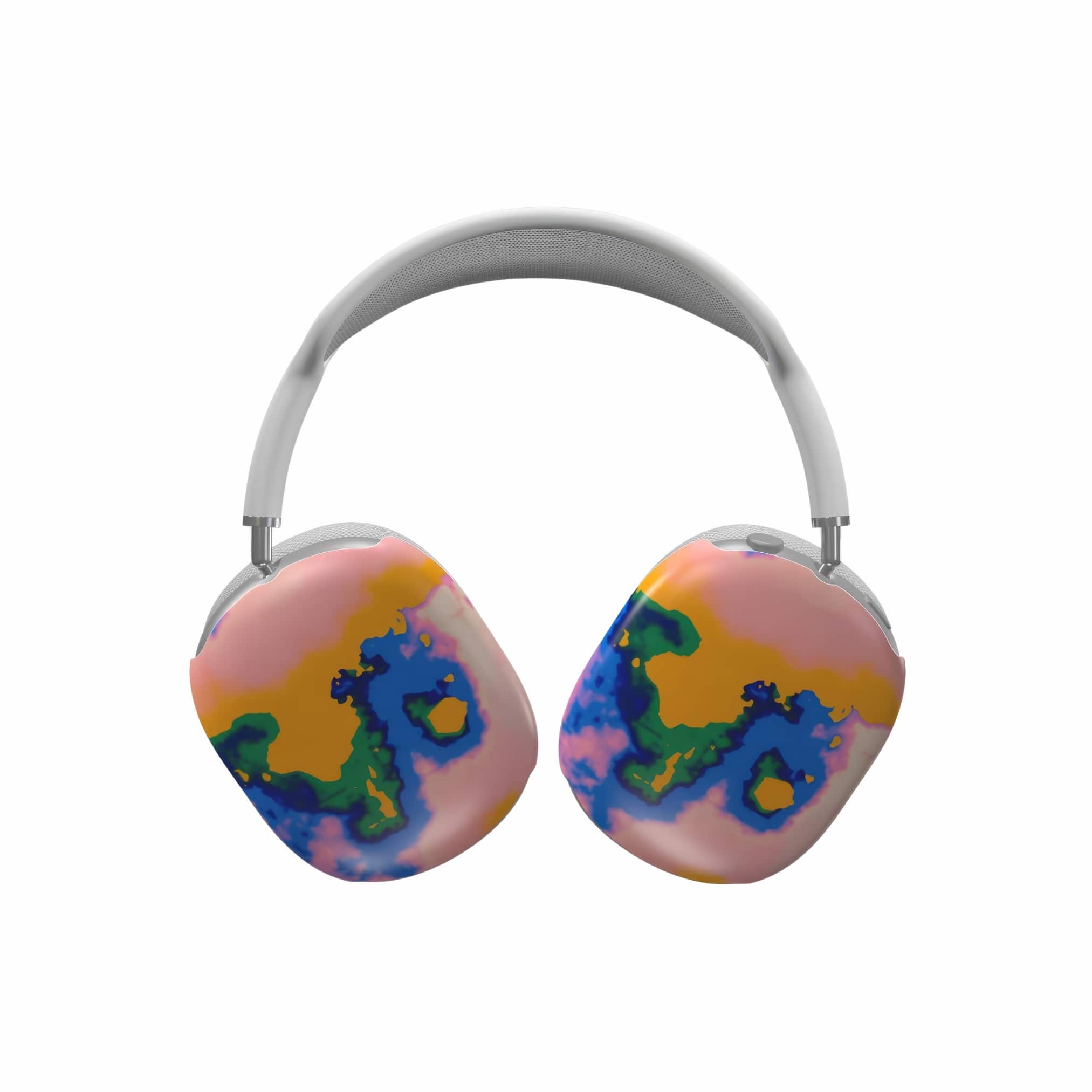 Tough AirPods Max case front view; Electricity 1 pattern, artistic, abstract marble pattern. Green, orange and blue color combination. Bold expressive aesthetic design. Colorful and interior fit. Elegant.