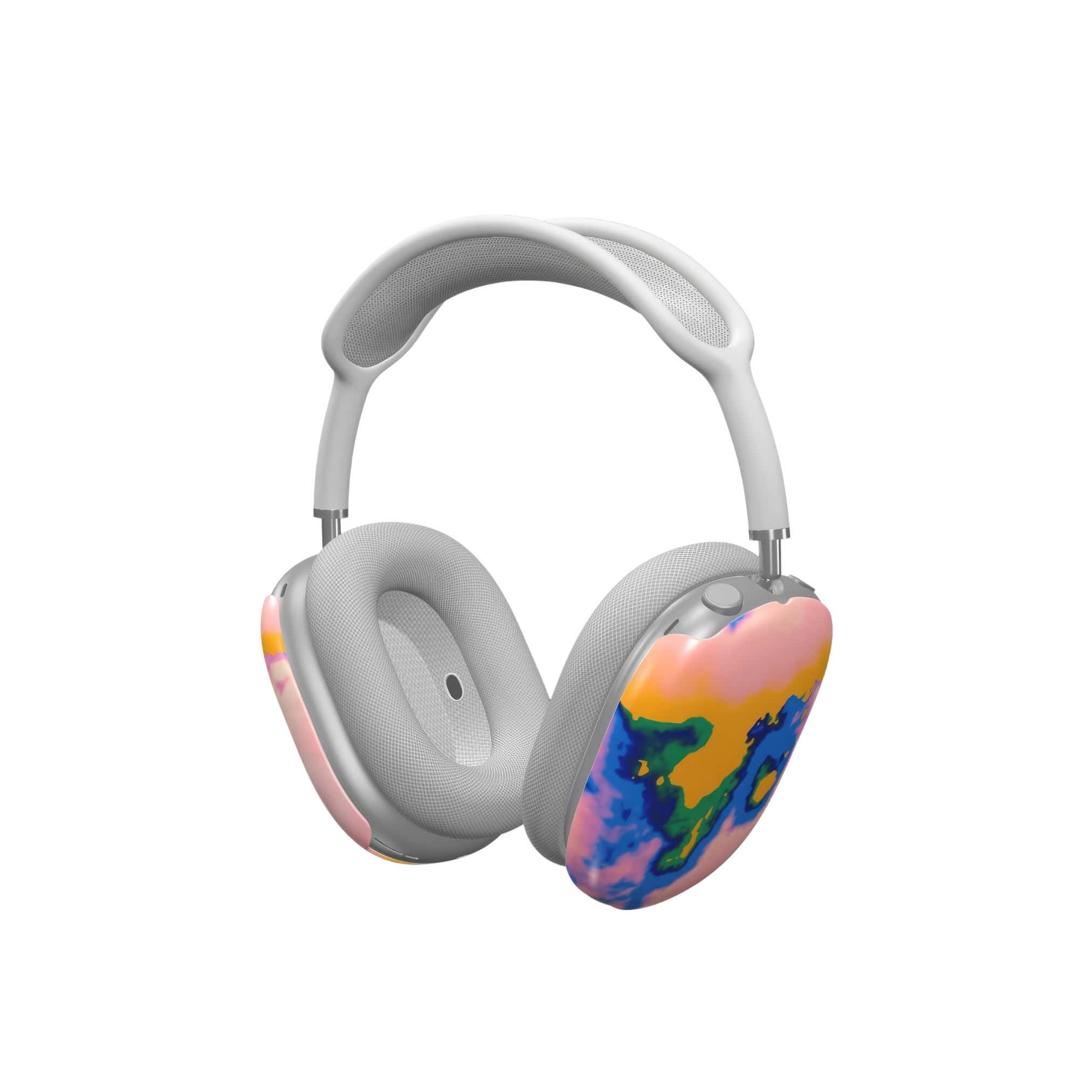Tough AirPods Max case side view; Electricity 1 pattern, artistic, abstract marble pattern. Green, orange and blue color combination. 