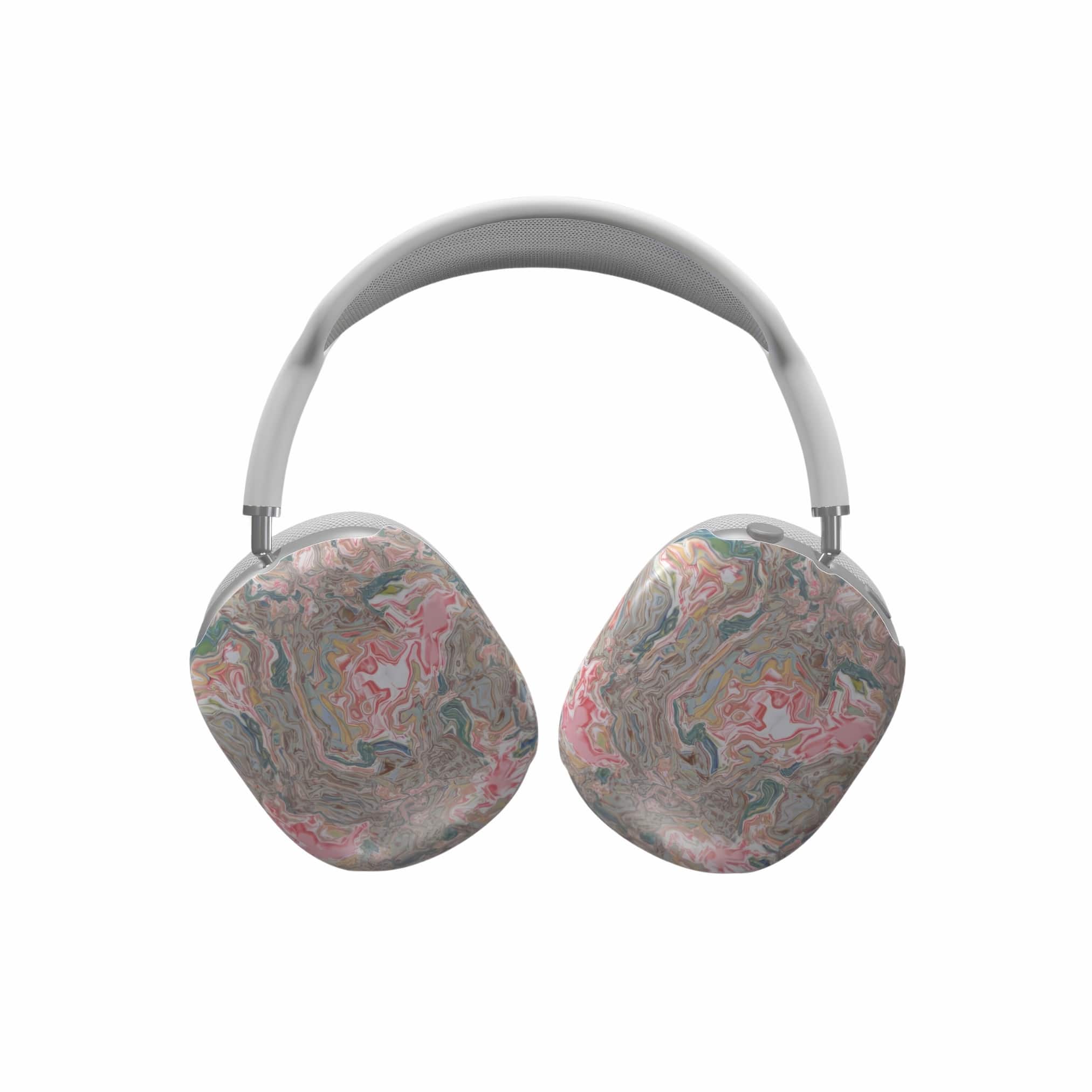 AirPods Max case front view; Feel Impress 1 pattern, artistic, abstract marble pattern. Pastel blue, green and red color combination. Inspired by impressionist art. Bold expressive aesthetic design. Colorful and interior fit. Elegant.