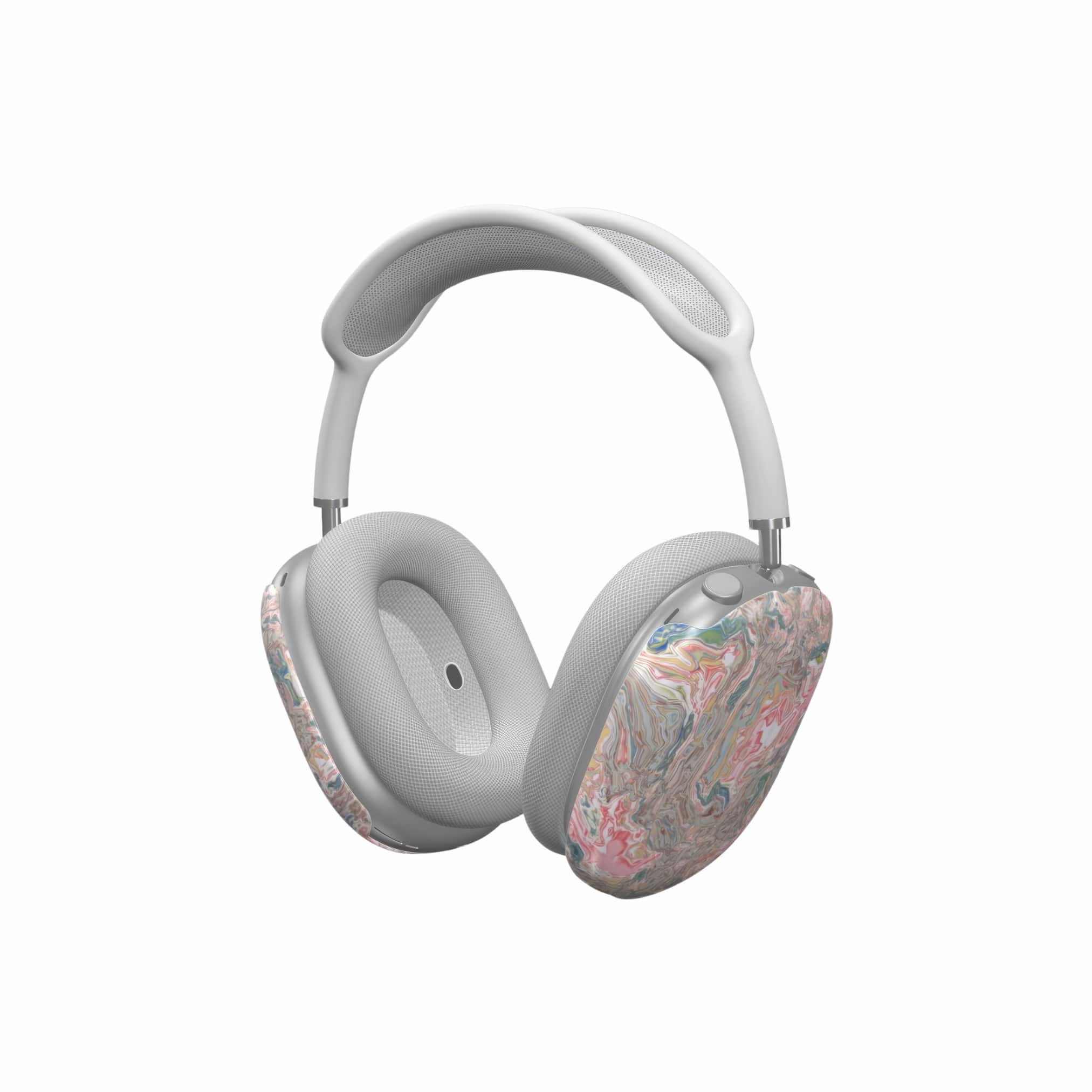 AirPods Max case side view; Feel Impress 1 pattern, artistic, abstract marble pattern. Pastel blue, green and red color combination. Inspired by impressionist art.