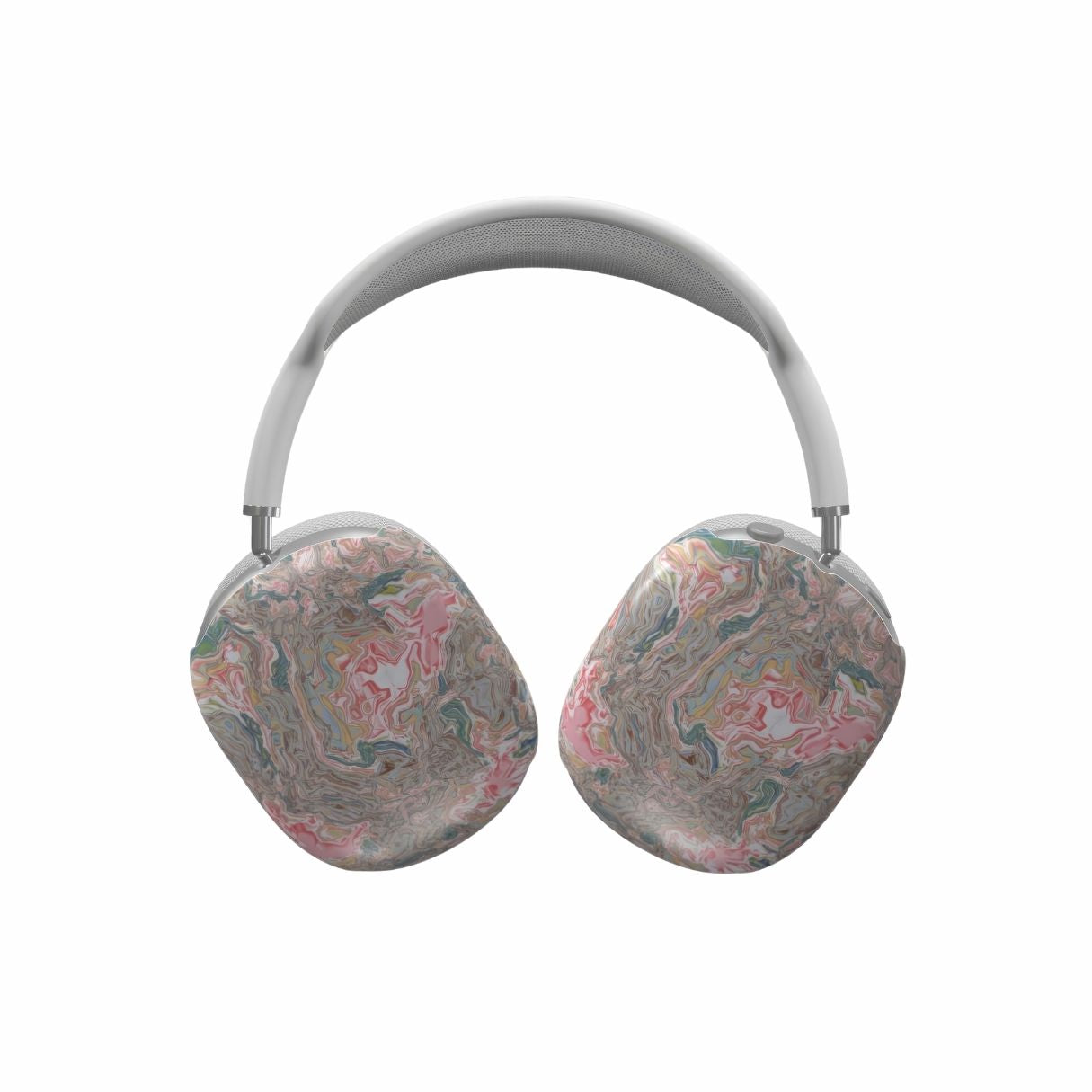 AirPods Max case front view; Feel Impress pattern, artistic, abstract marble pattern. Pastel blue, green and red color combination. Inspired by impressionist art. Bold expressive aesthetic design. Colorful and interior fit. Elegant.
