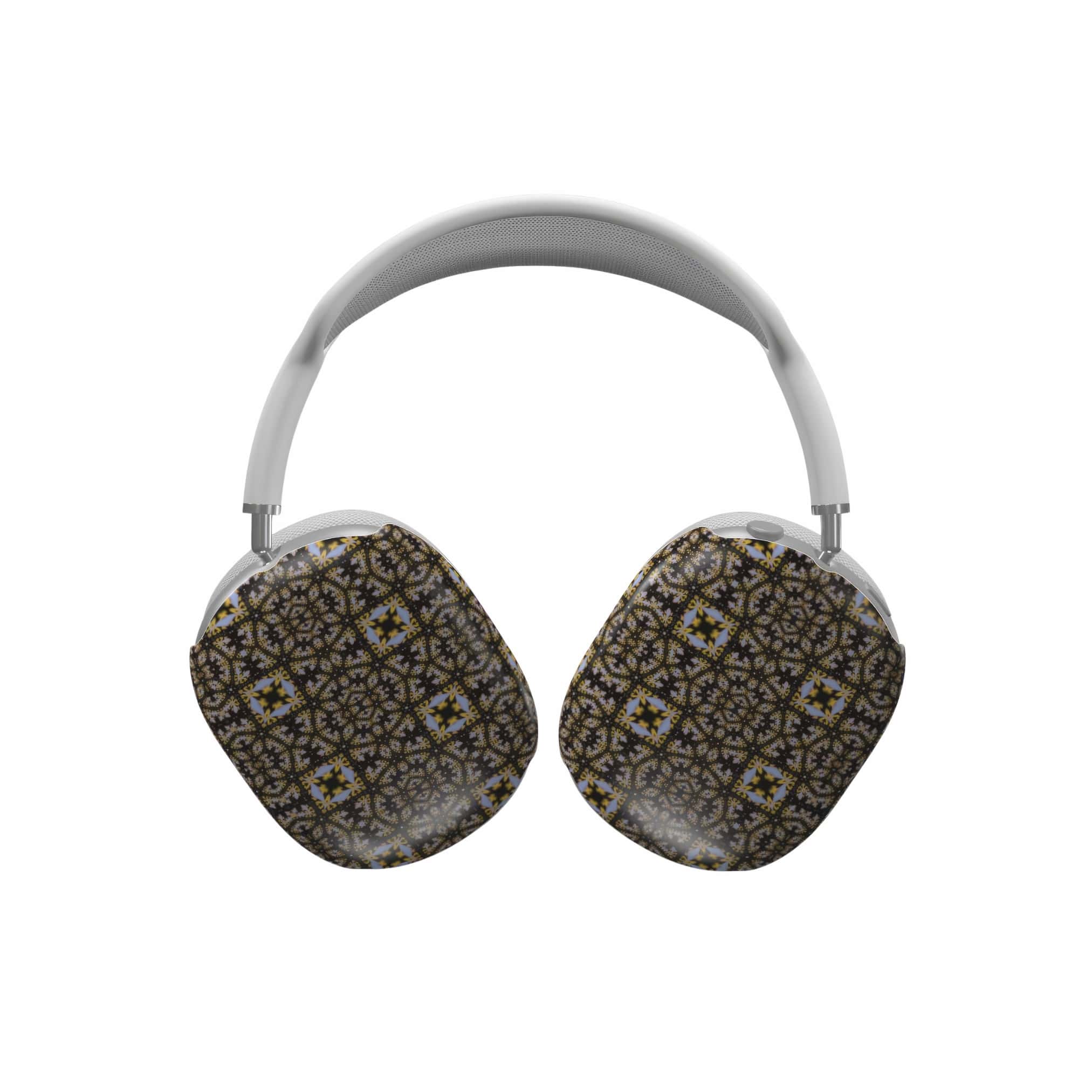 AirPods Max case Fleurs Du Jardin 1 pattern with geometric design, featuring an elegant and expressive aesthetic shape. Main colors are blue, yellow and dark purple. Front view.