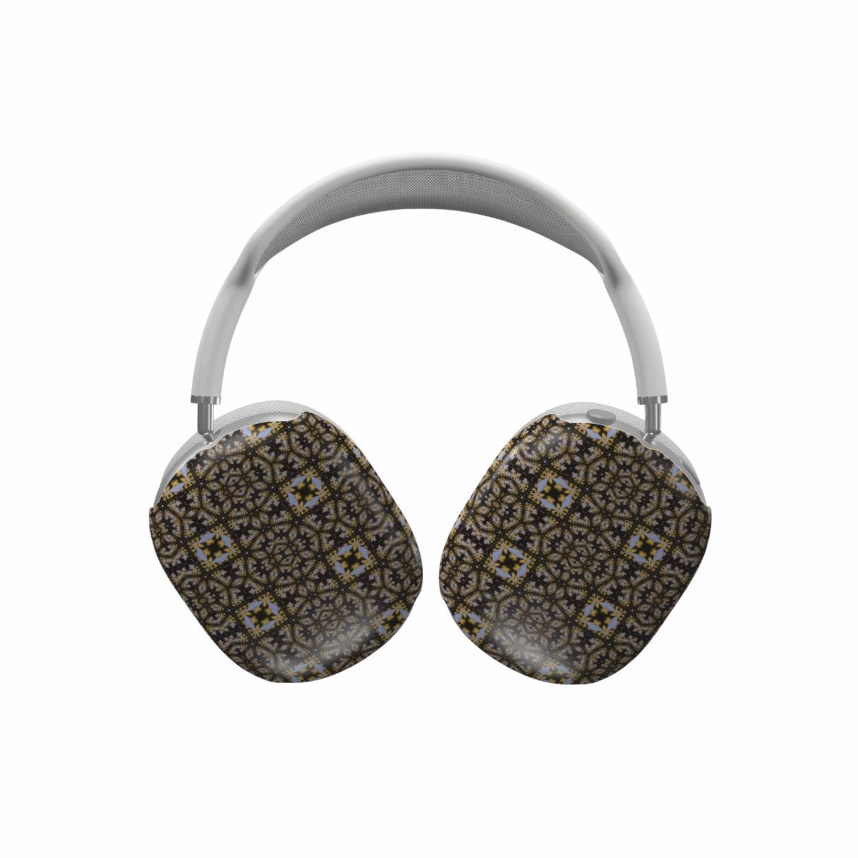 AirPods Max case Fleurs Du Jardin pattern with geometric design, featuring an elegant and expressive aesthetic shape. Main colors are blue, yellow and dark purple. Front view.